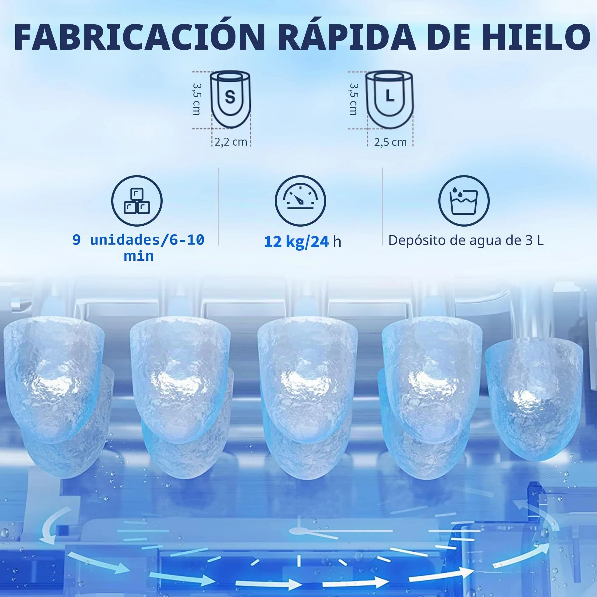 HOMCOM Máquina de cubitos de hielo portátil, 12 kg/24h, 9 cubitos en 6-10 min, tamaño ajustable, temporizador, depósito 3L