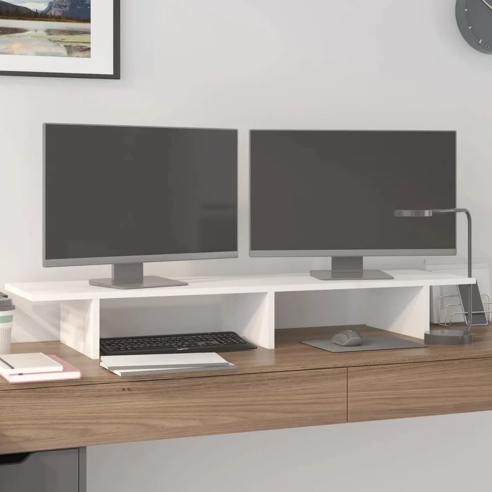 Soporte para monitor de madera maciza, color blanco, 100 x 27 x 15 cm, para trabajo ergonómico, soporte estable para portátil, altura ajustable, plegable, ideal para oficina en casa, juegos