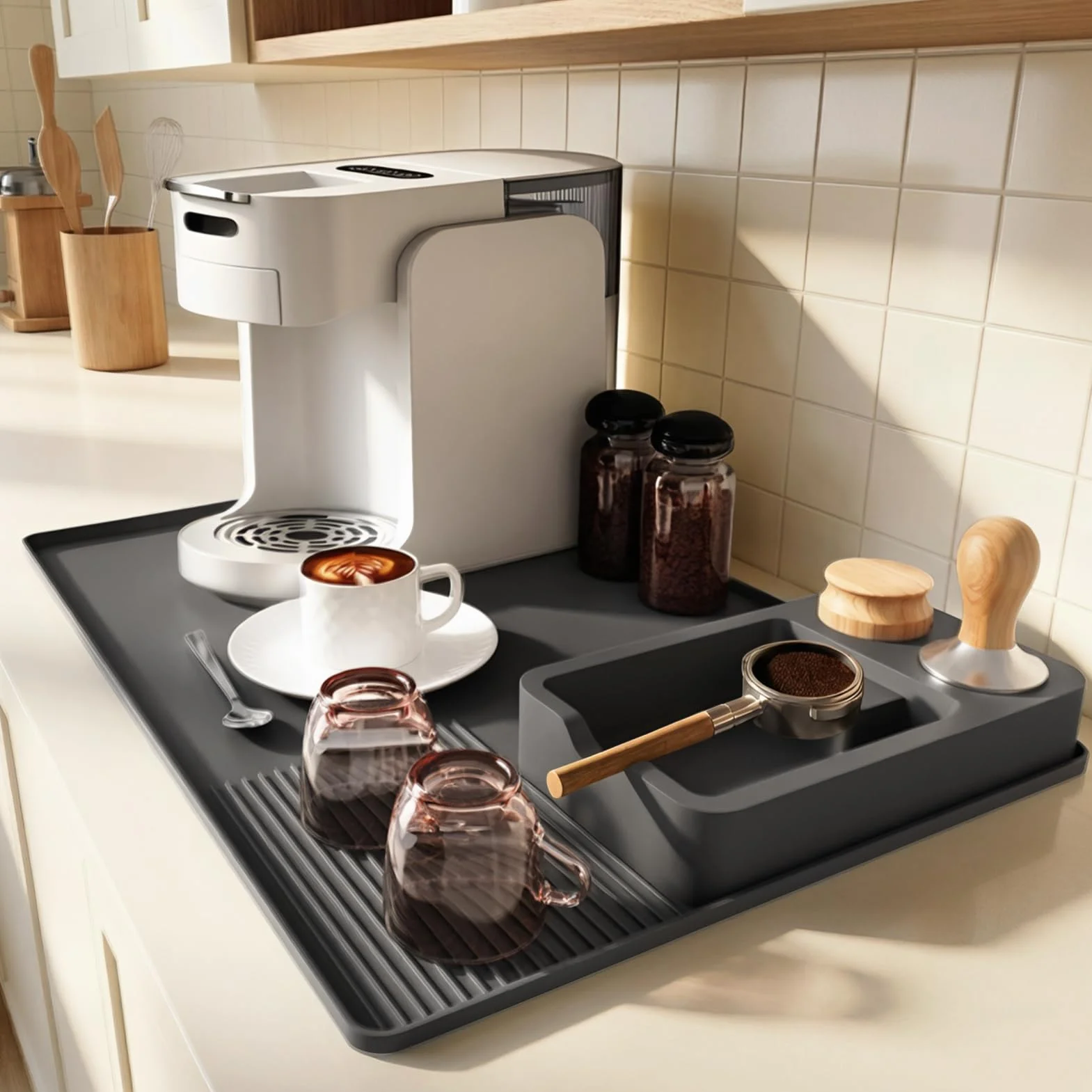 Alfombrilla de Silicona para Cafeteras, Alfombrilla para Máquina de Café con Bordes Elevados 60x40cm, Tapete para Máquina Café Antideslizante Fácil Limpiar con De'Longhi Magnifica, Krups, Philips