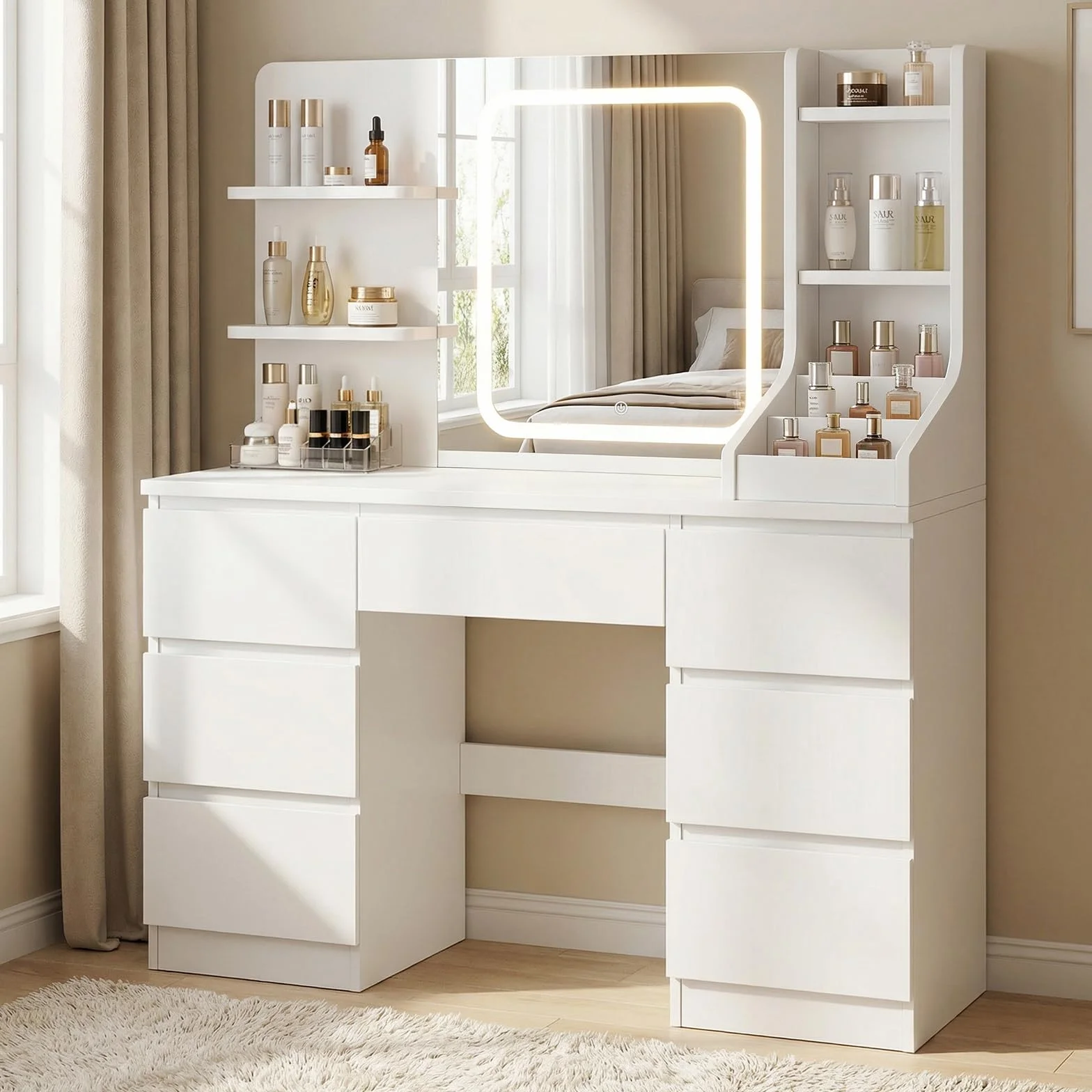 TRIUMPHKEY Tocador de Maquillaje Grande con Luces Led Regulables y Espejo, con 4 Estantes 7 Cajones 3 Compartimentos Abiertos, 110 x 40 cm Blanco