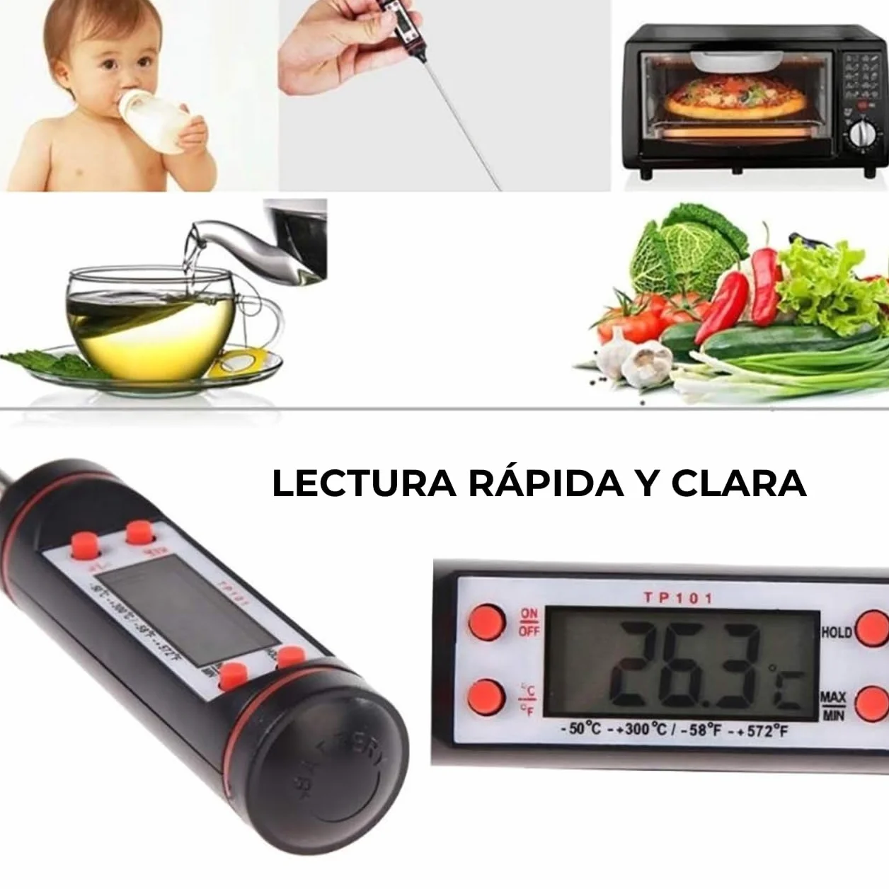 Termómetro Digital Cocina Alimentos Líquidos Aceite Carne Barbacoa Medición Rápida Alta Precisión Pantalla LCD Sonda Acero Inoxidable Apagado Automático Negro