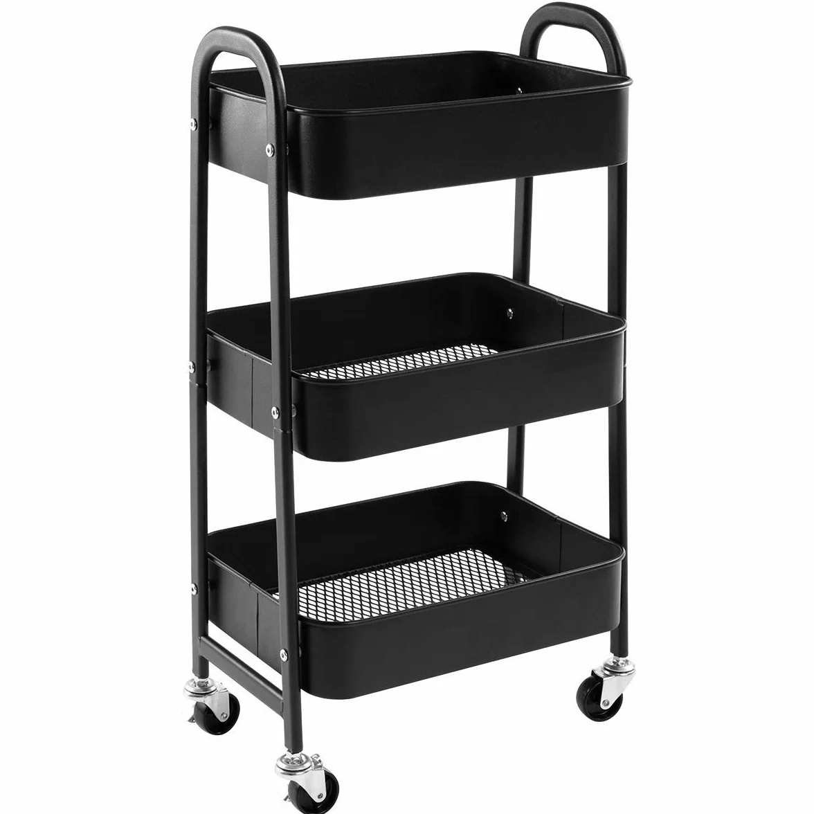 DOEWORKS Carrito Auxiliar con Ruedas Carrito Servicio Metalico Carro de Almacenamiento 3 Niveles Rodante Carro Organizador para Cocina Dormitorio Baño Oficina, Negro