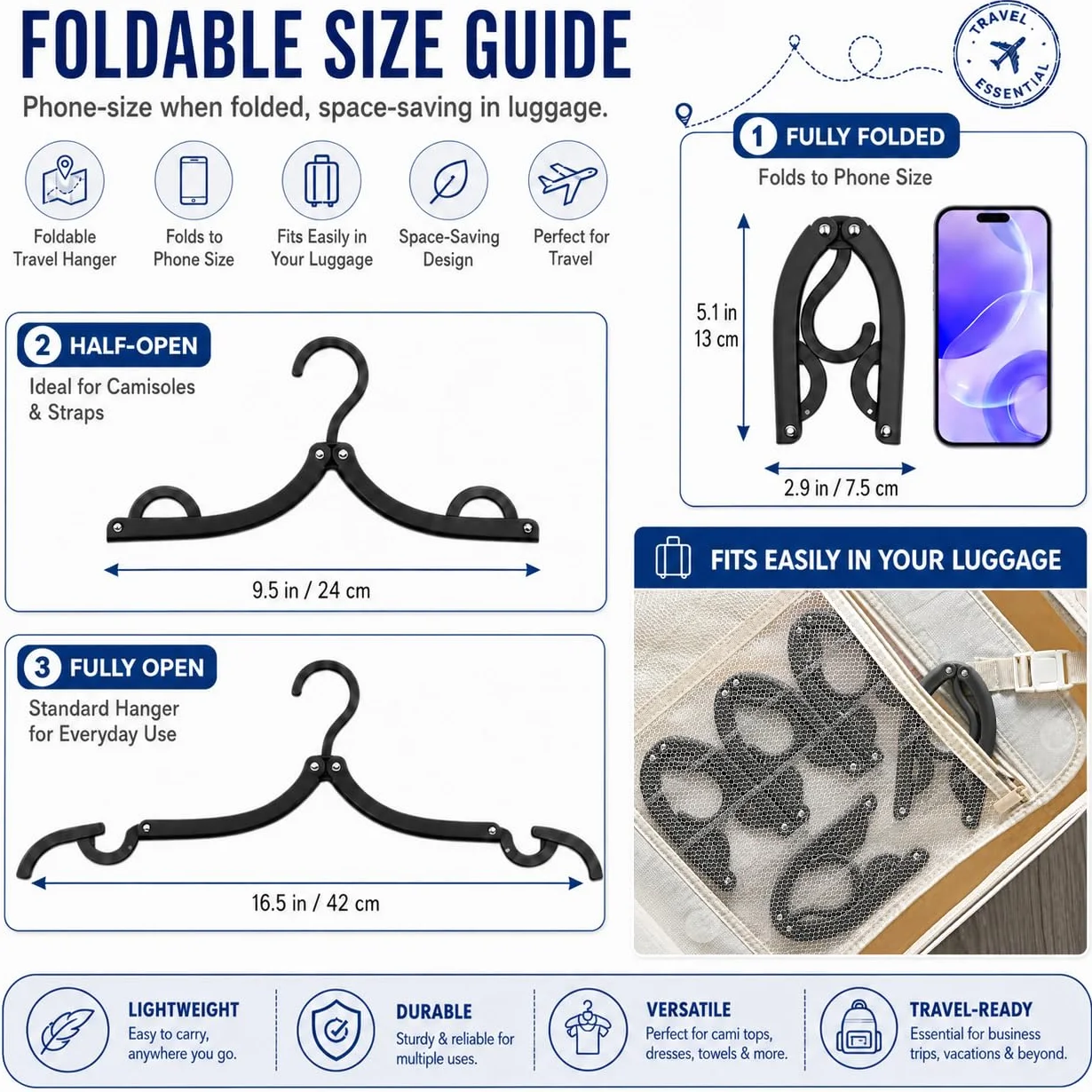 Perchas de Viaje Plegables 12 Unidades Negro para Cruceros Prendas Secado Ropa