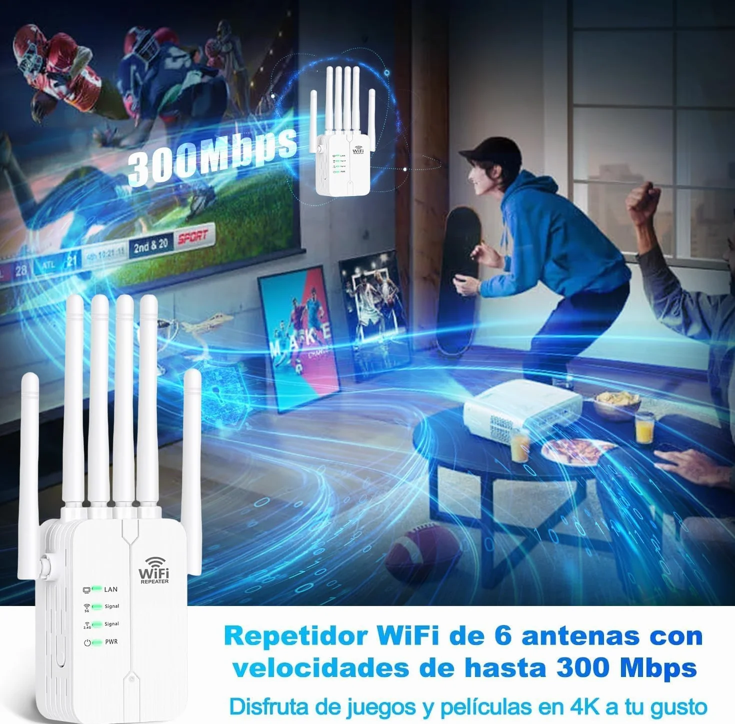 Repetidor WiFi,Amplificador señal WiFi Potente,6 Antenas,2 Puertos LAN,Cobertura Total de 360°,Cobertura de hasta 11800Sq.Ft,repetidor WiFi Largo Alcanc,para oficinas y hogares,Easy Set up