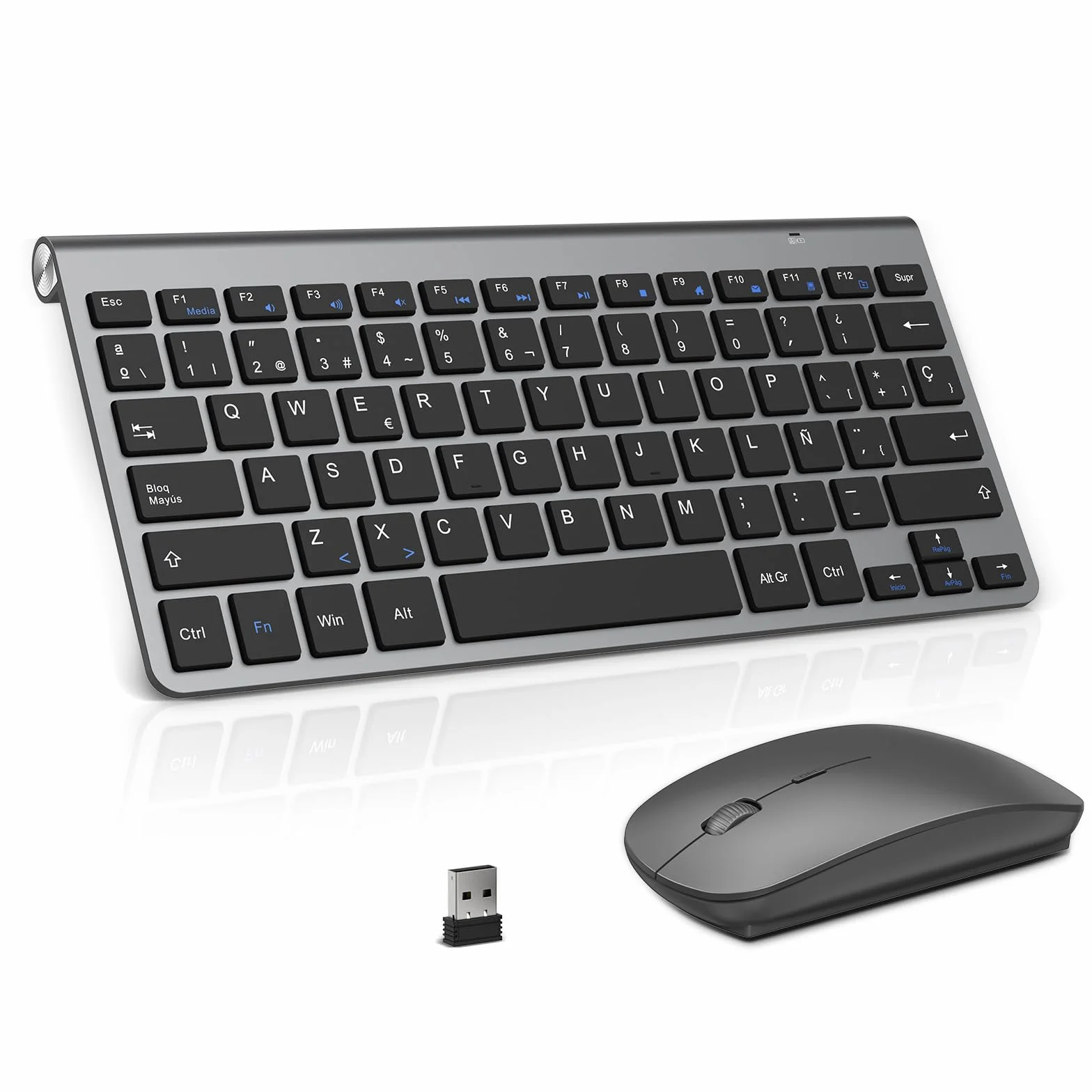 PINKCAT Teclado y ratón inalámbricos, 2.4G Set de Teclado Ultrafino y ratón ergonómico silencioso con 12 accesos directos Multimedia para Ordenador, PC, Tableta, Ordenador de sobremesa (Gris Oscuro)