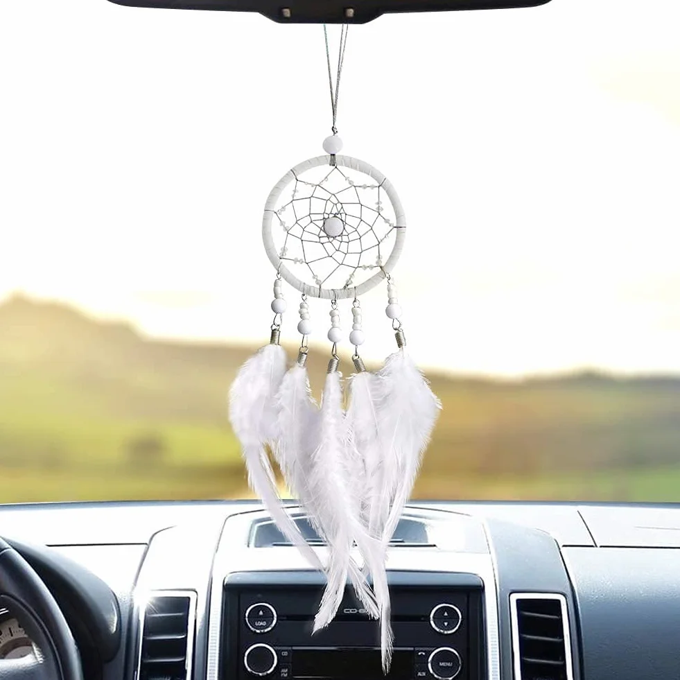 Atrapasueños Hecho a Mano Colgante para Coche Adorno Espejo Retrovisor Boho (Blanco)