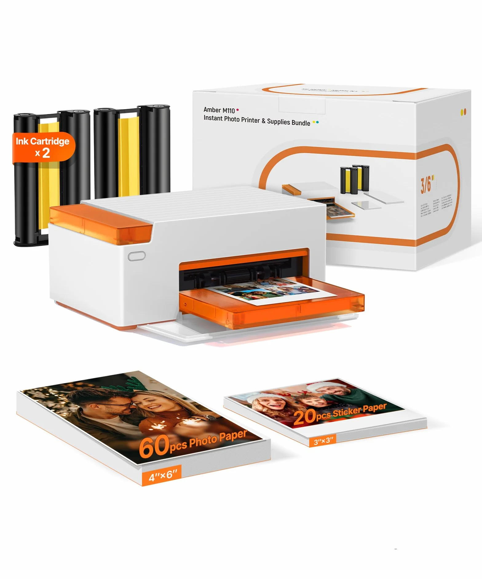 Liene Amber M110 Impresora de Fotos para Móvil Portátil con 60 Hojas 10x15 cm + 20 Adesivos 7.7 cm + 2 Cintas – Tecnología de Sublimación Térmica, Bluetooth, para iPhone y Android