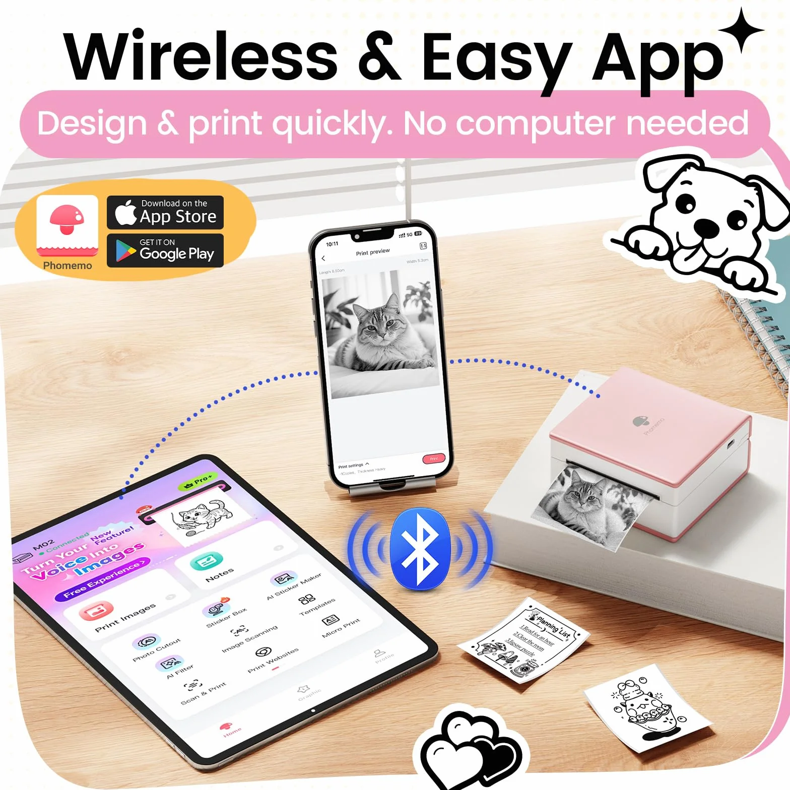 Phomemo M02 - Impresora portátil de Bolsillo - Mini Bluetooth inalámbrica con Etiqueta térmica Compatible con Android iOS para Imprimir instantáneamente, Mini Asistente de Vida, Buen Regalo, Rosa