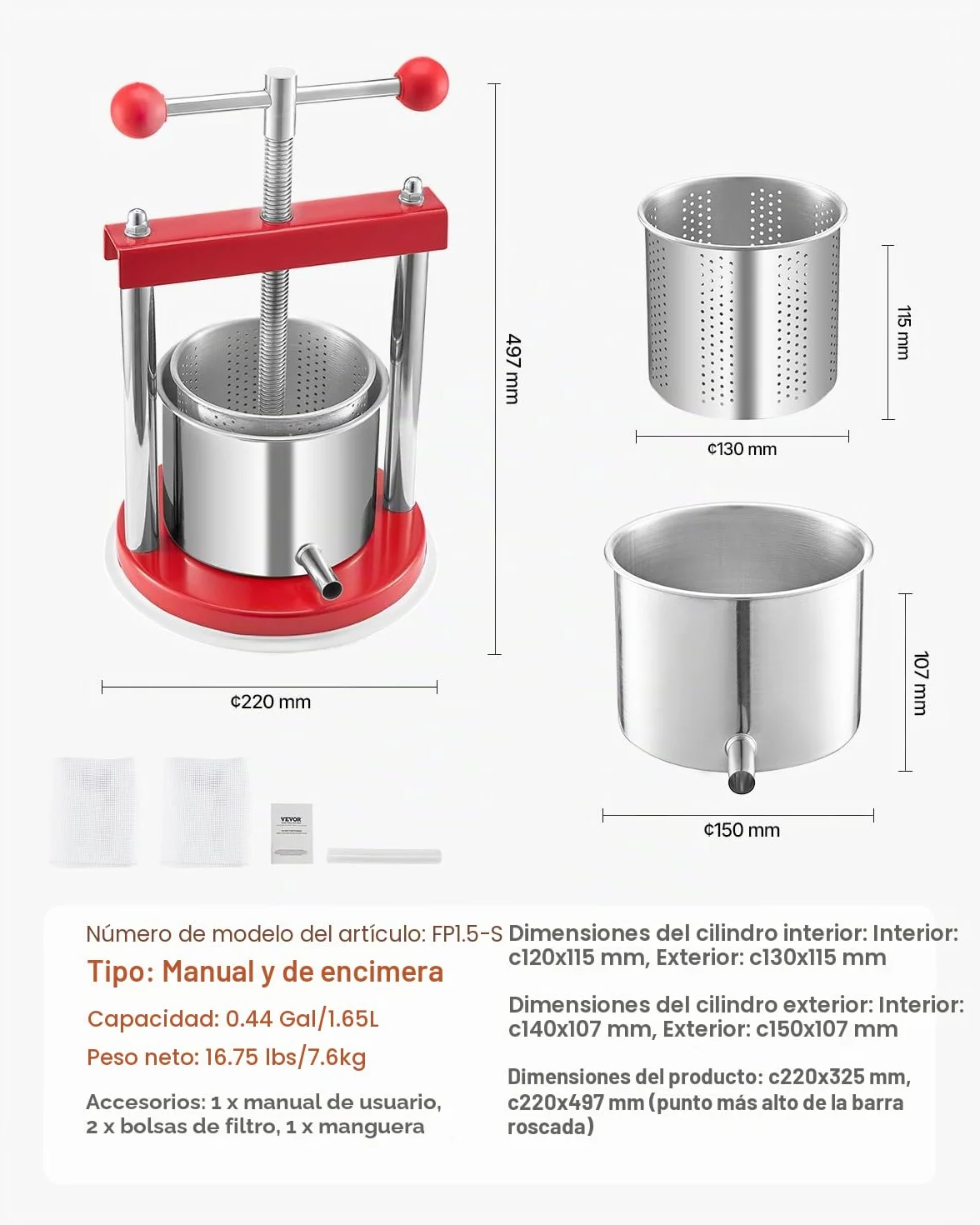 VEVOR Prensa de Vino de Frutas 1,65 L, 2 Barriles de Acero Inoxidable, 220 x 497 mm