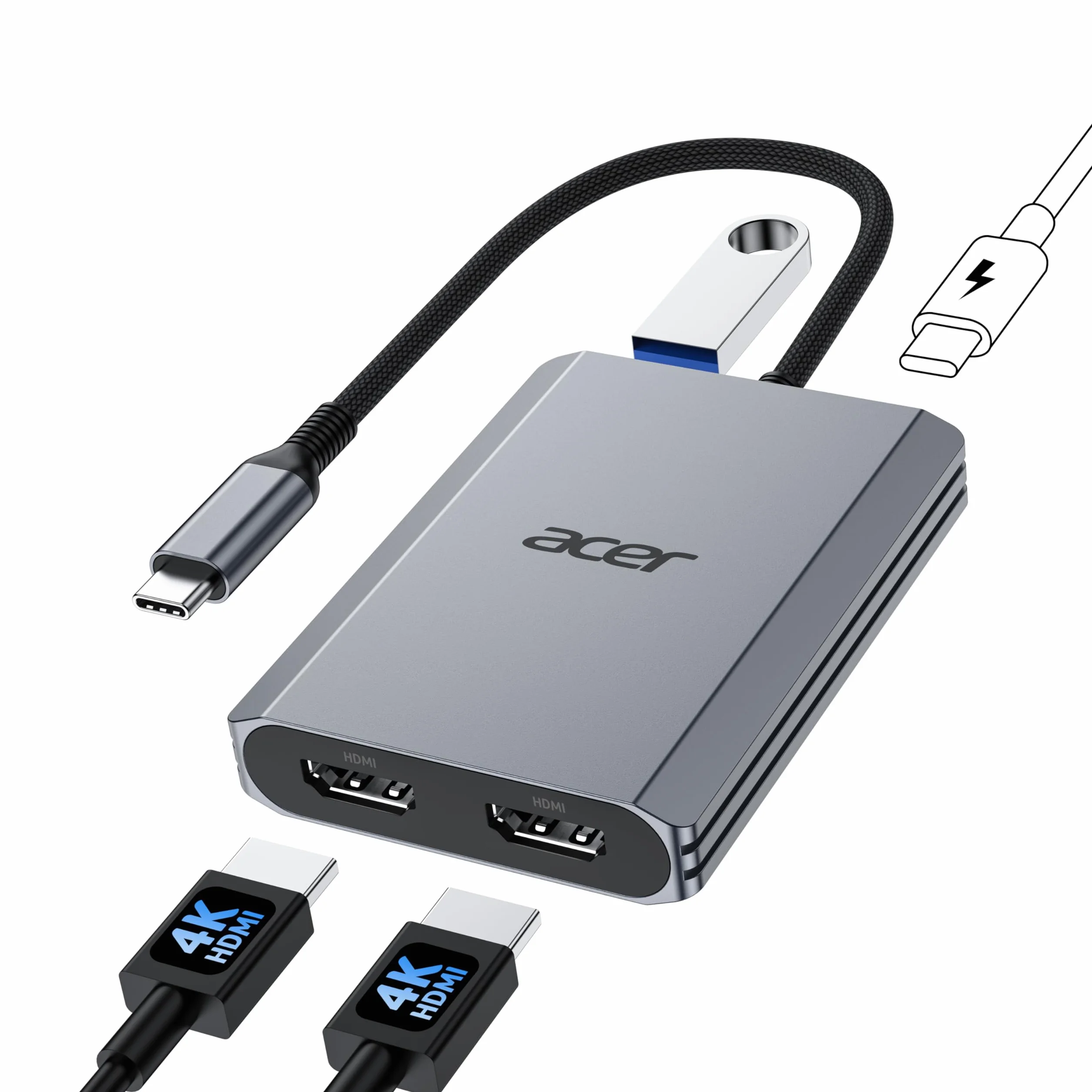 acer Adaptador USB C a HDMI Dual 4K@60 Hz, Adaptador Multipuerto Hub USB C 4 en 1 con PD 100W, USB 3.0, HDMI a USB C para Monitores Duales, Compatible con MacBook Air/Pro, DELL XPS, HP, etc