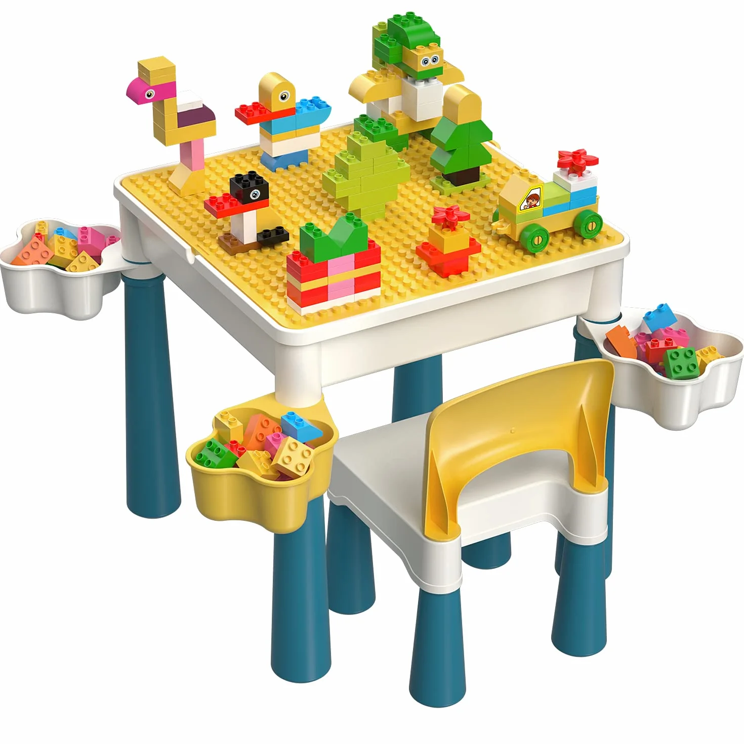 Burgkidz Bloques de construcción para niños, Mesa y Silla, Mesa multiactividad, con 1 Silla y 130 Piezas de Grandes Bloques, Ladrillos de Creatividad, Juguetes compatibles para niños y niñas