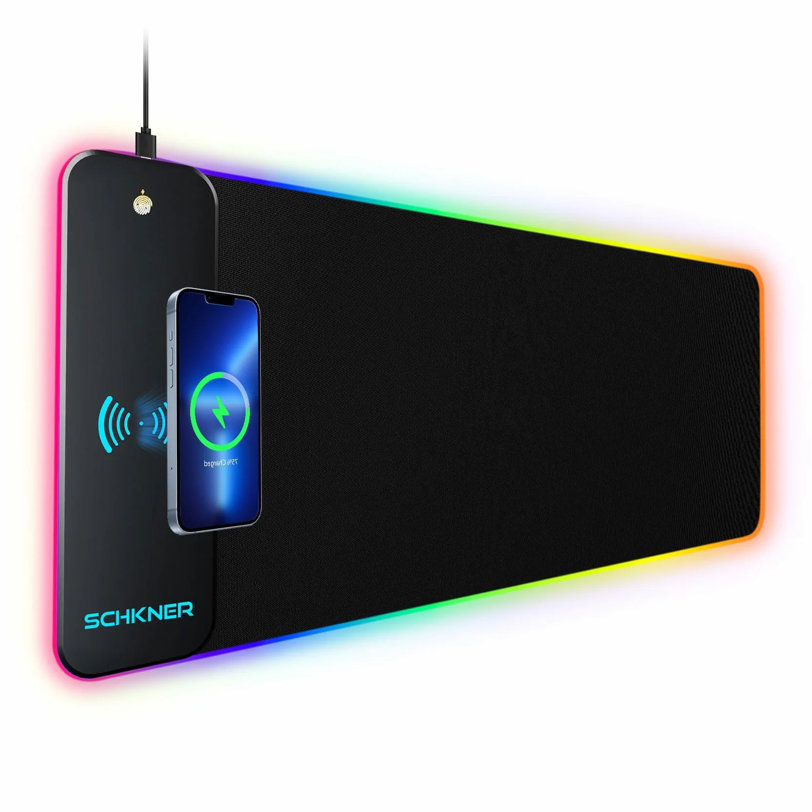 Schkner Alfombrilla de mouse RGB para juegos con carga inalámbrica de 15 W, alfombrilla de escritorio grande de 800 x 300 x 4 mm, 10 modos de luz con base de goma antideslizante, alfombrilla de mouse