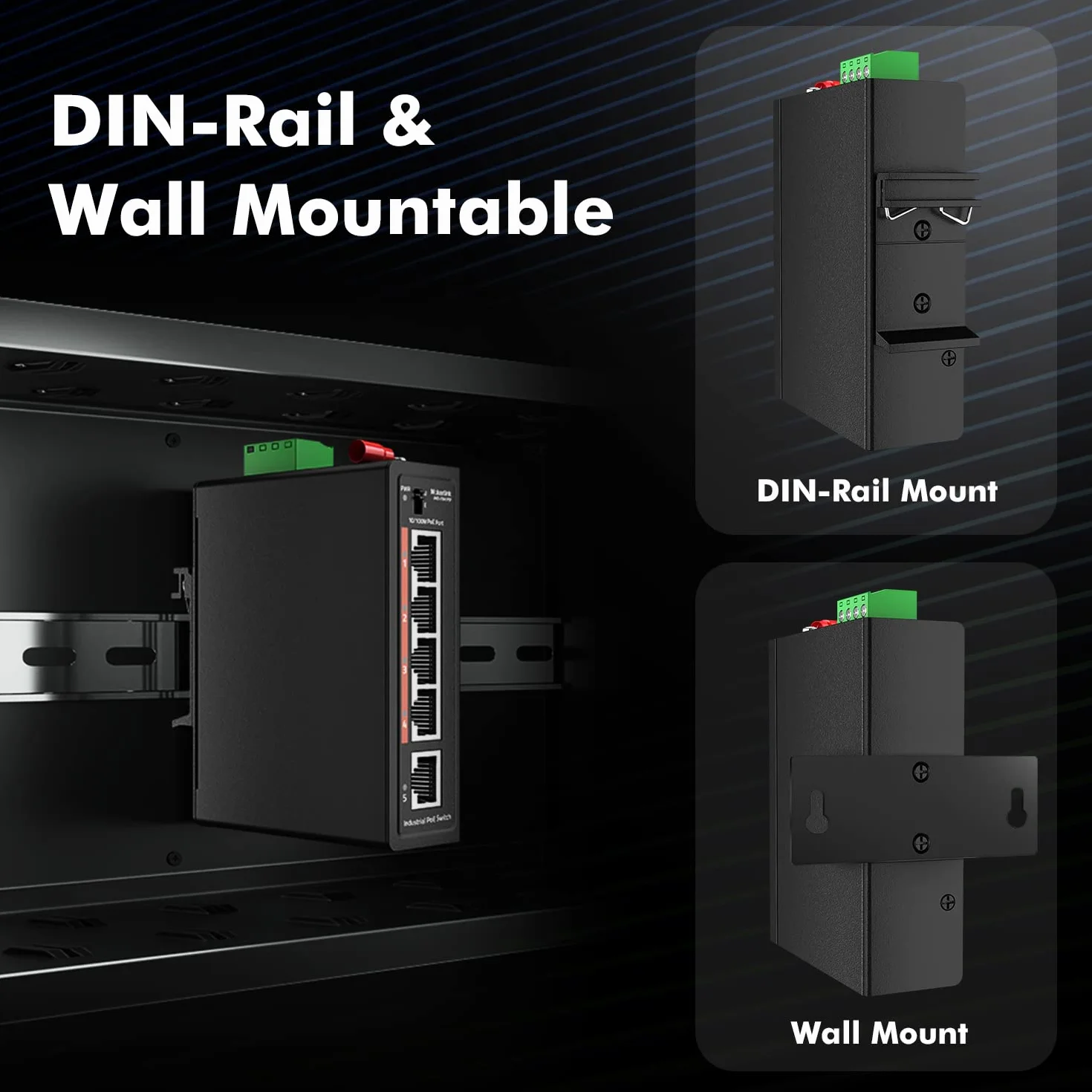MokerLink Switch de riel DIN Industrial 5 Puertos PoE+, 4 Puertos PoE+ IEEE802.3af/at, 1 Enlace Ascendente, Fast Ethernet de 10/100 Mbps, riel DIN y Montaje en Pared incluidos