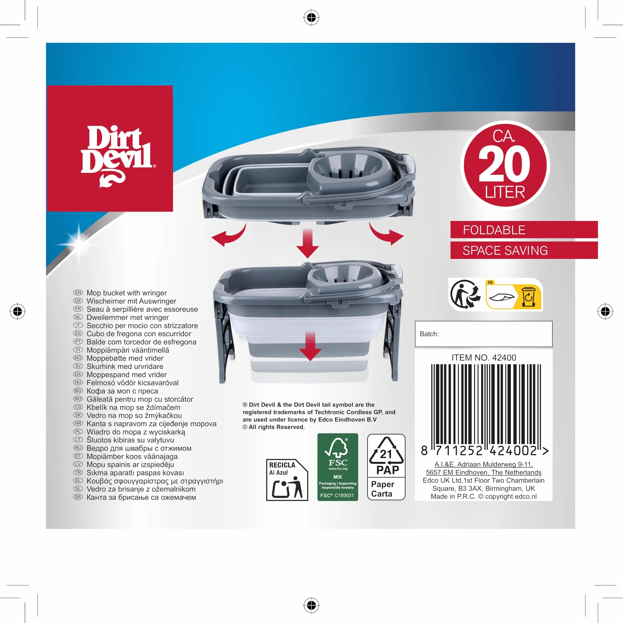 Dirt Devil Cubo de fregona plegable 20 litros con escurridor gris blanco