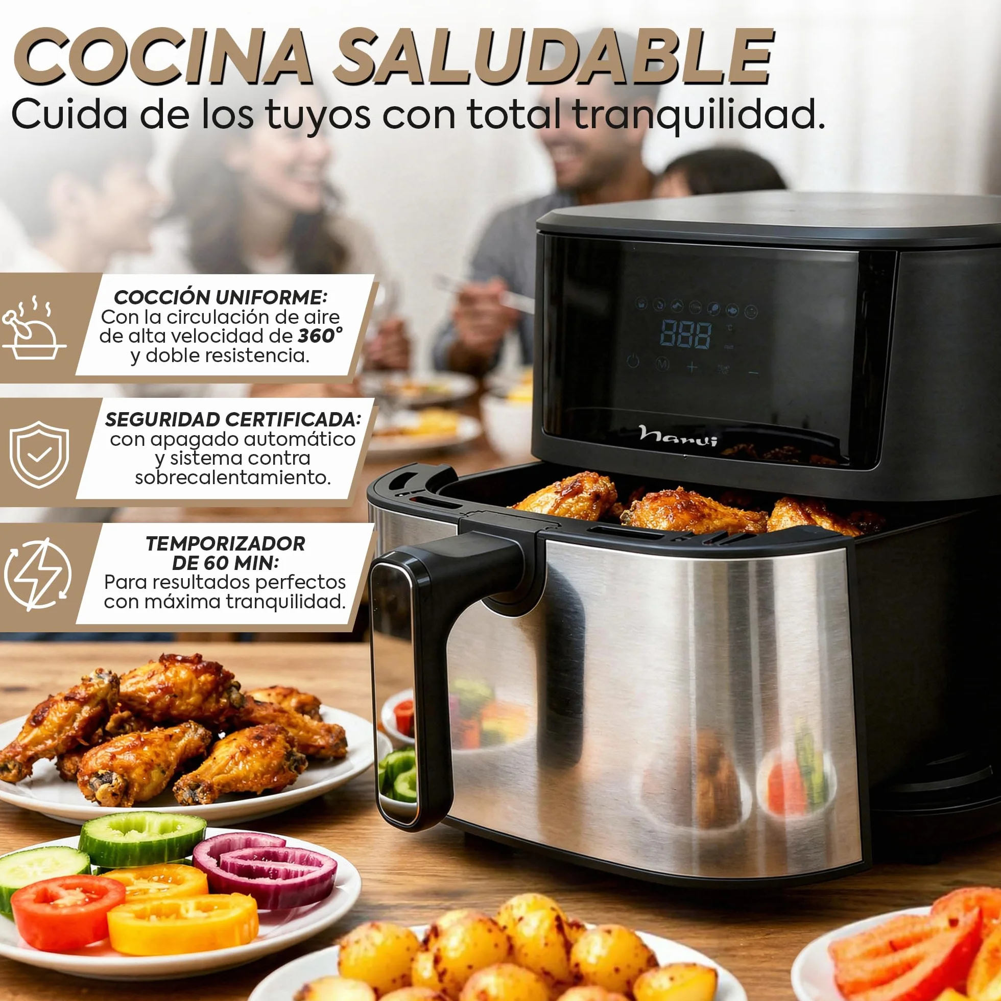 Air Fryer Narvi 1700W 8L XXL Digital Panel 7 Menus 360° 60 Min 80-200°C Acero Inoxidable Sin BPA