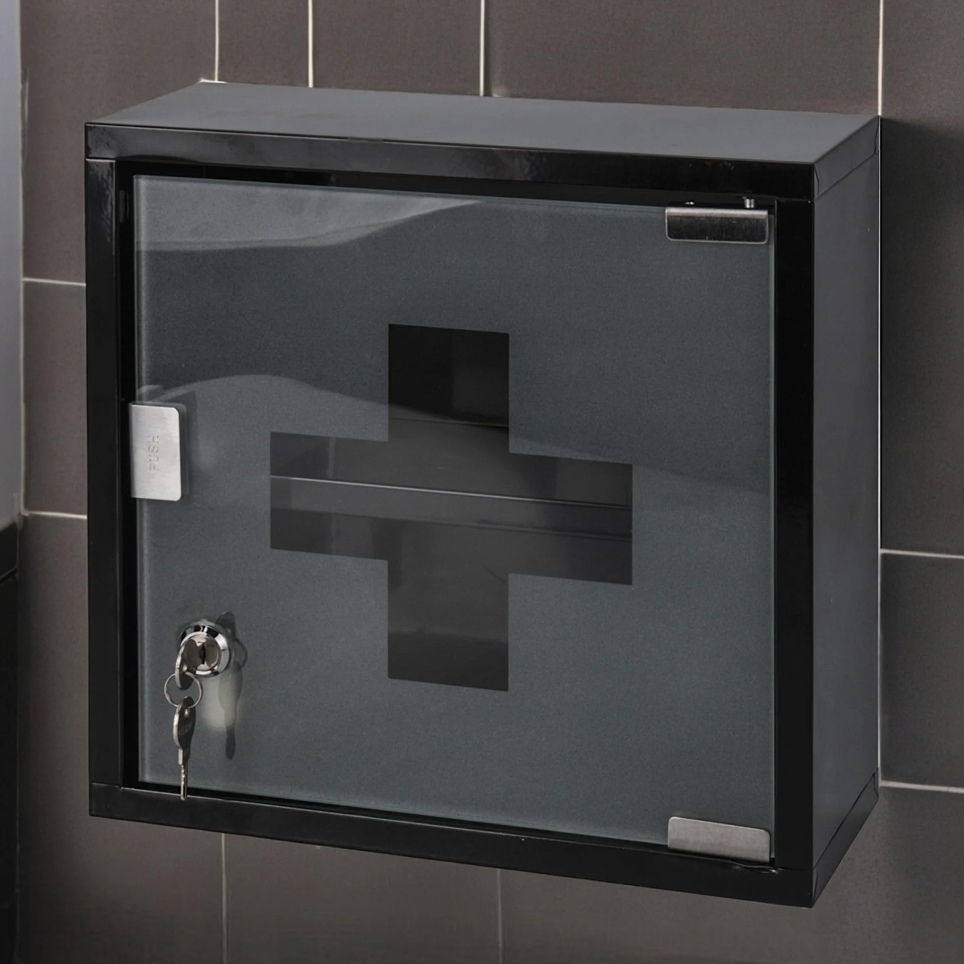 MIJOMA Botiquín de metal con puerta de cristal y estantes, cerradura de seguridad, 2 llaves, montaje en pared, negro 30x30