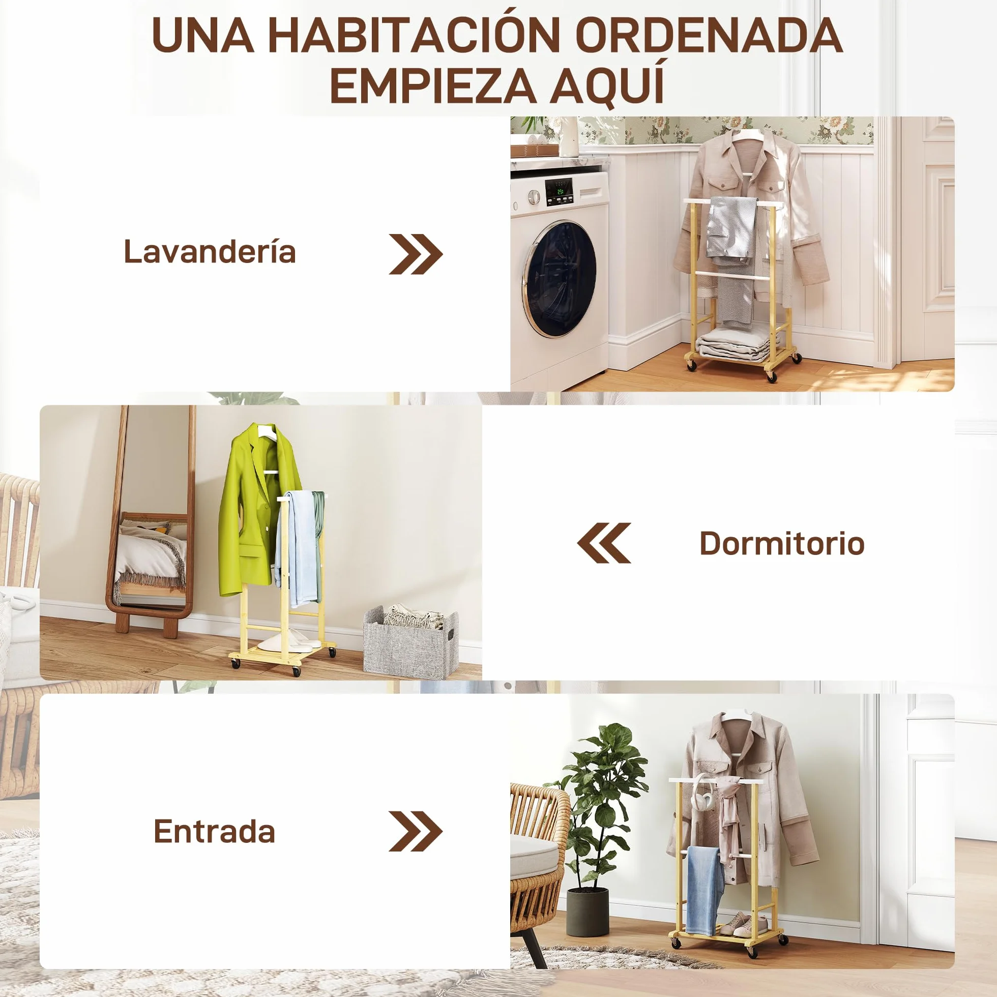 HOMCOM Perchero con Ruedas de Bambú, Colgadores de Ropa y Zapatero, 47x33,7x105,5 cm, Natural y Blanco