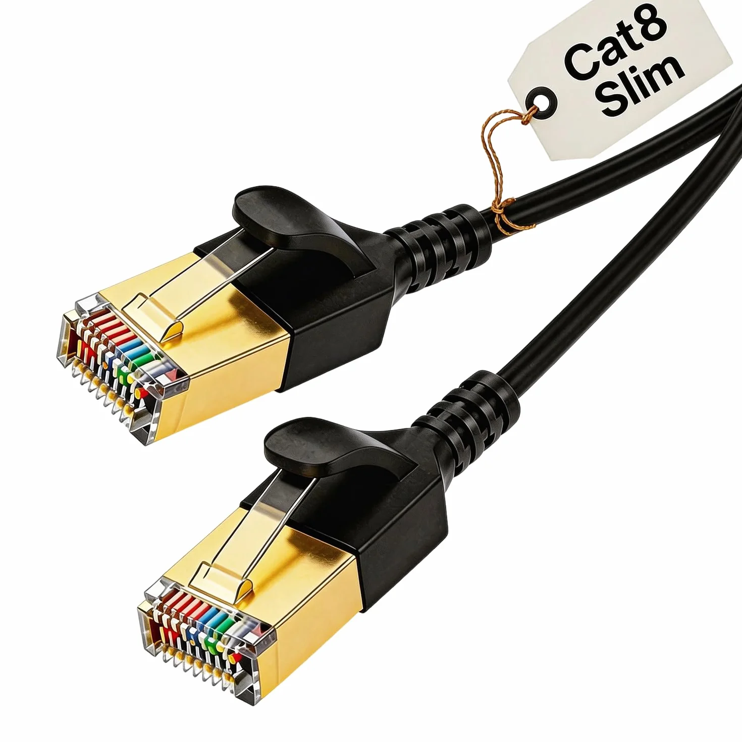 Elfcam® - 50m Cable Ethernet Slim Cat8 Ultra Delgado 32AWG SFTP 40Gbps/2000MHz, Cable LAN/WAN con Conectores RJ45, Negro Redondo