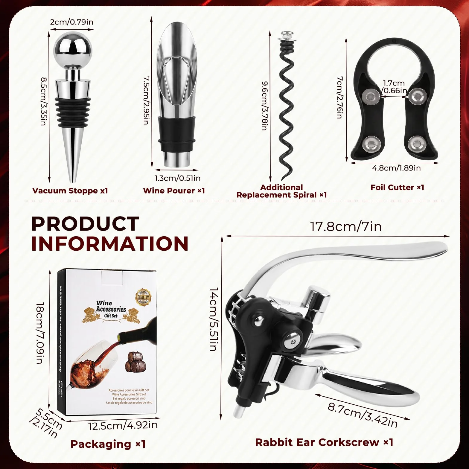 Abridor de Vino Set 5 Piezas Sacacorchos Profesional Manual con Vertedor Tapón Cortacápsulas y Espiral Intercambiable