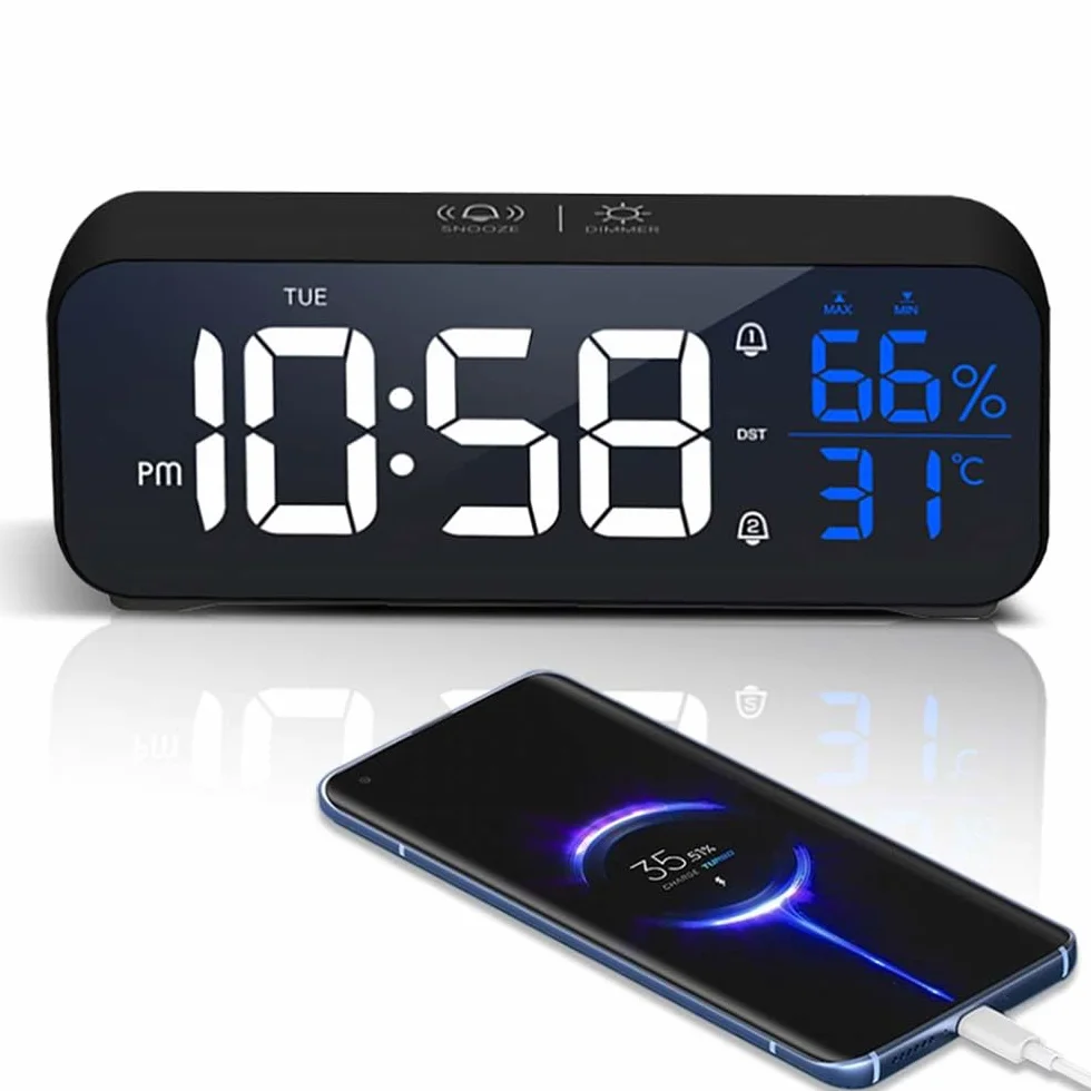Despertador Digital LED con Temperatura, Brillo Regulable y Snooze