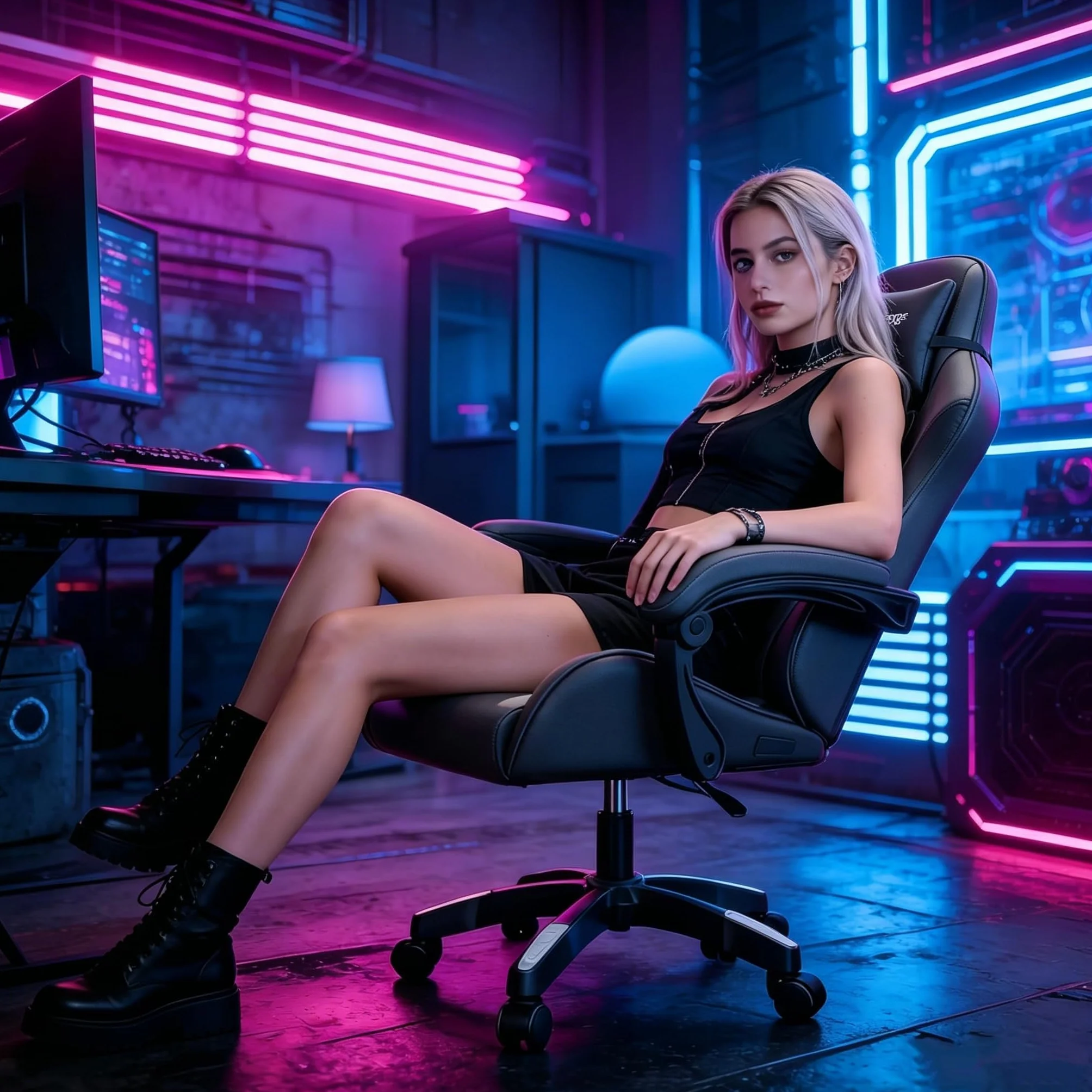 Silla de Gaming Ergonómica con Soporte Lumbar, Apoya-Cabezas y Ajuste de Altura - Cuero PU, Negra