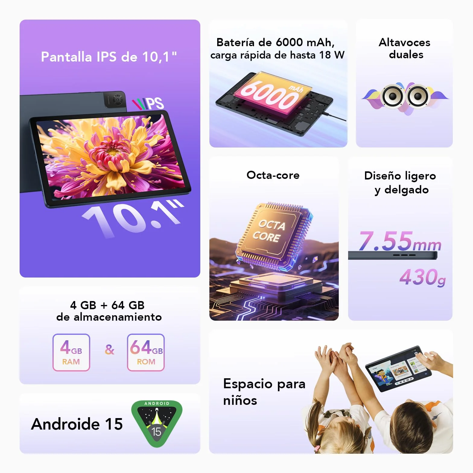 TCL Tab 10L Gen 4 Tablet Android | Pantalla 10,1" FHD | 4 GB + 64 GB | Batería 6000 mAh | Android 14 | WiFi | Quad Speakers | Control Parental | Gama de Entrada