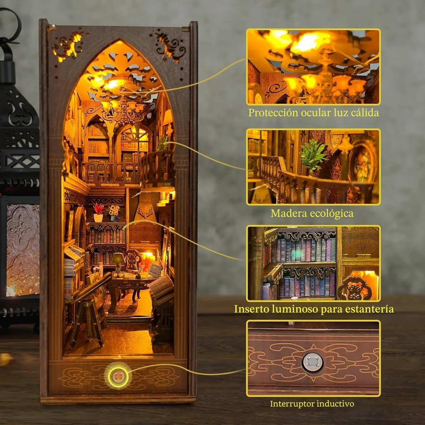 LED Book Nook Kit, Soporte de Sujetalibros Decorativo 3D de Madera para Adultos, Adorno de Estantería para Hogar