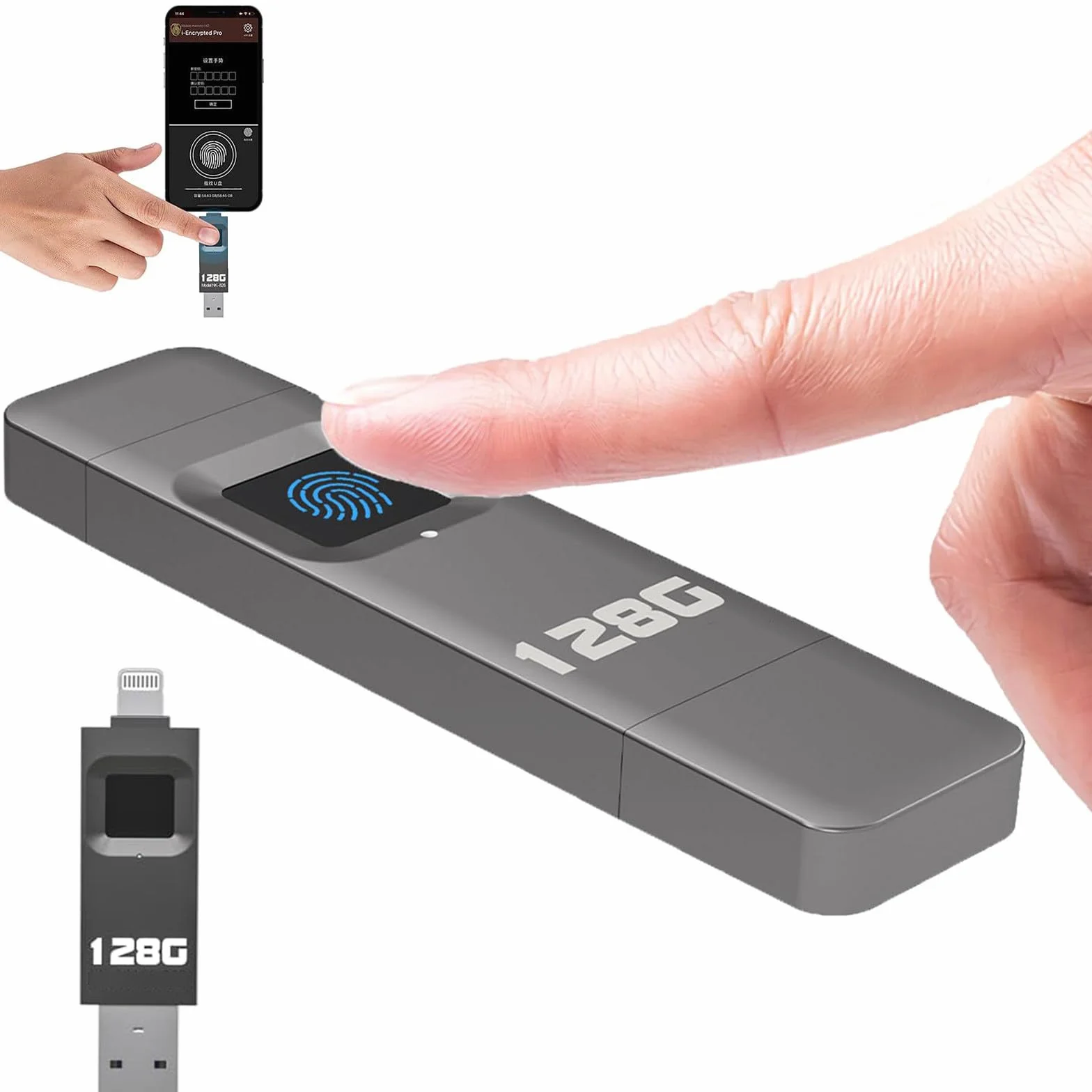 Memoria Usb Cifrada Con Huella Dactilar, Velocidad De Transferencia De 10 A 29 M/S, Admite 60 Huellas Dactilares, Puerto Ligh-tning + Usb, Para Tabletas, Ordenadores Y TeléFonos MóViles. 128GB