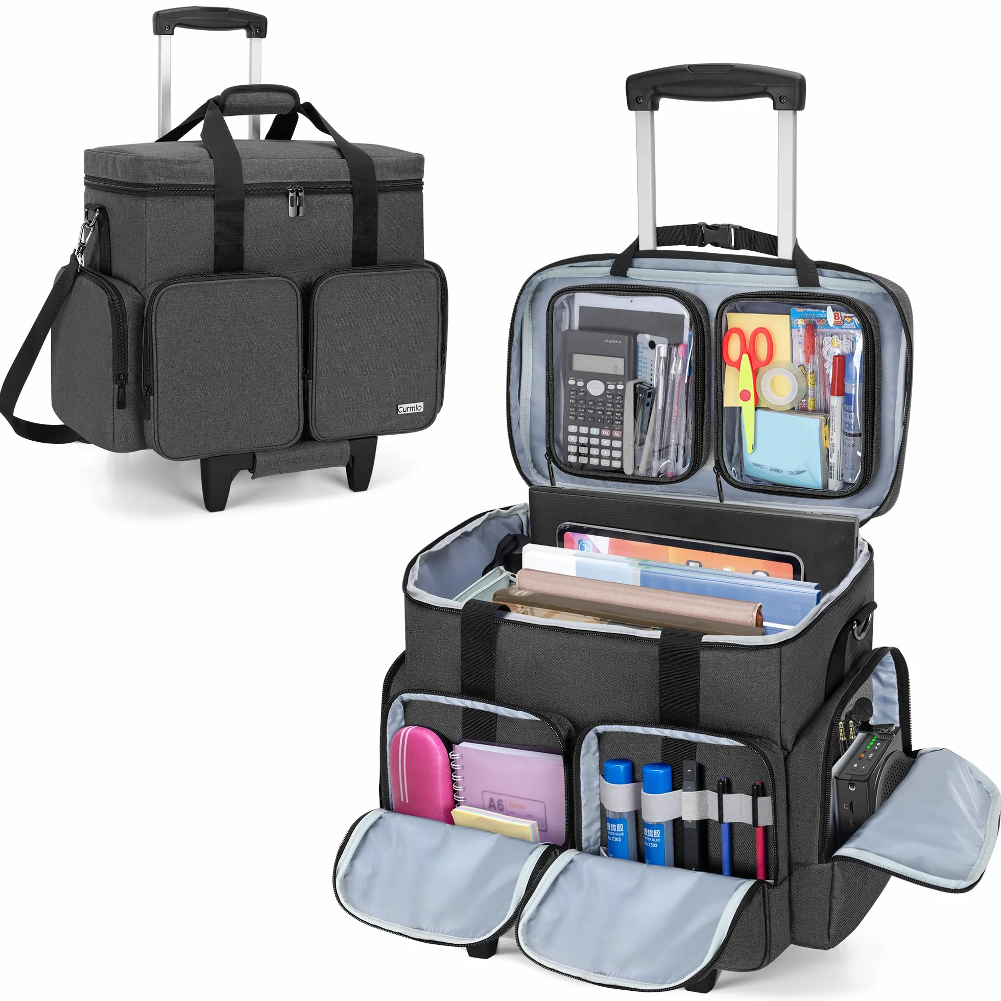CURMIO Bolso para Maestra, Bolsa Trolley con Compartimento para Portátiles de hasta 15,6", Bolsa de Profesor con Ruedas para Material de Enseñanza, Oficina o Producto Artesanal, Negro