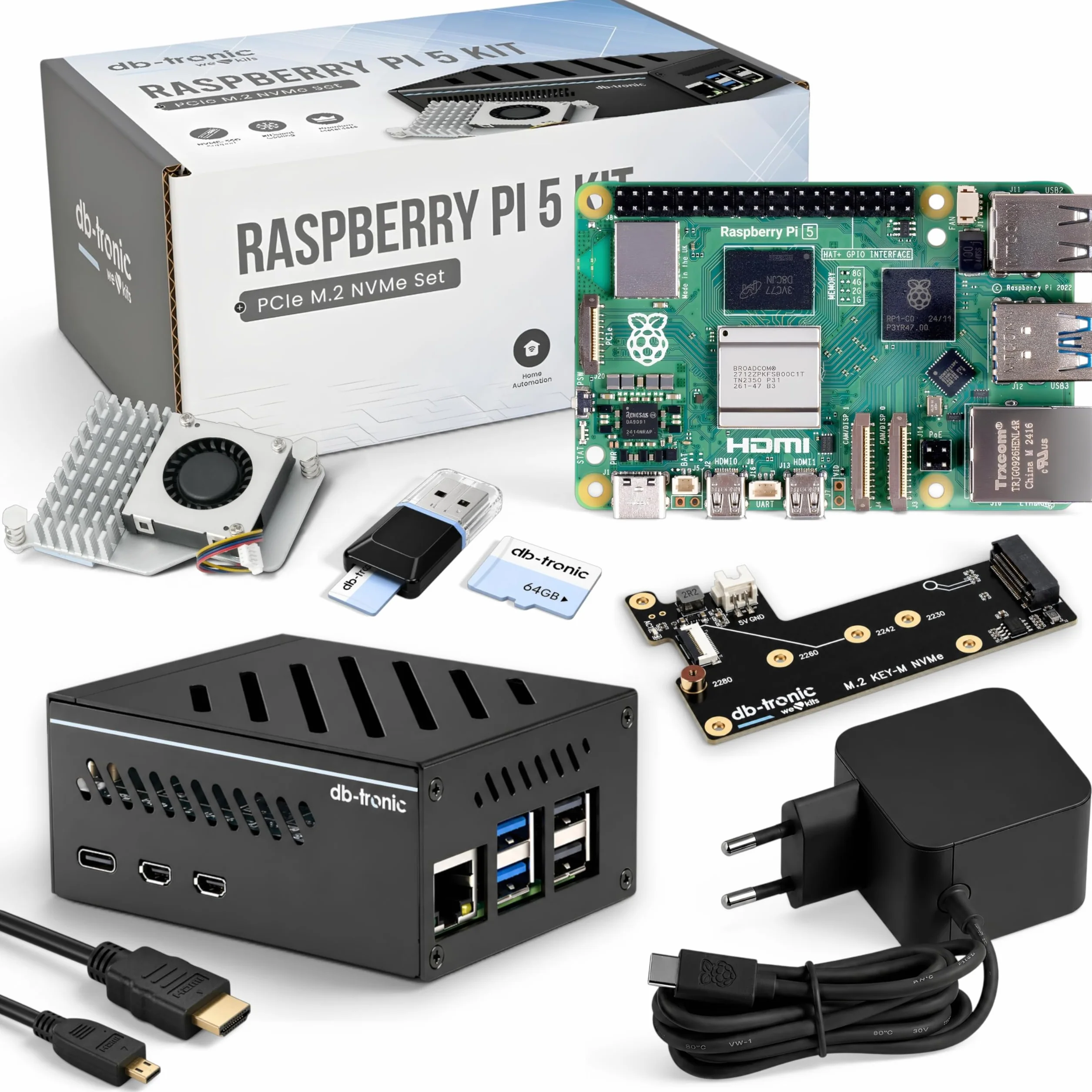 db-tronic Raspberry Pi 5 4 GB NVMe Kit 64 GB 27 W Carcasa metálica Refrigeración Activa SSD M.2 NVMe PCIe
