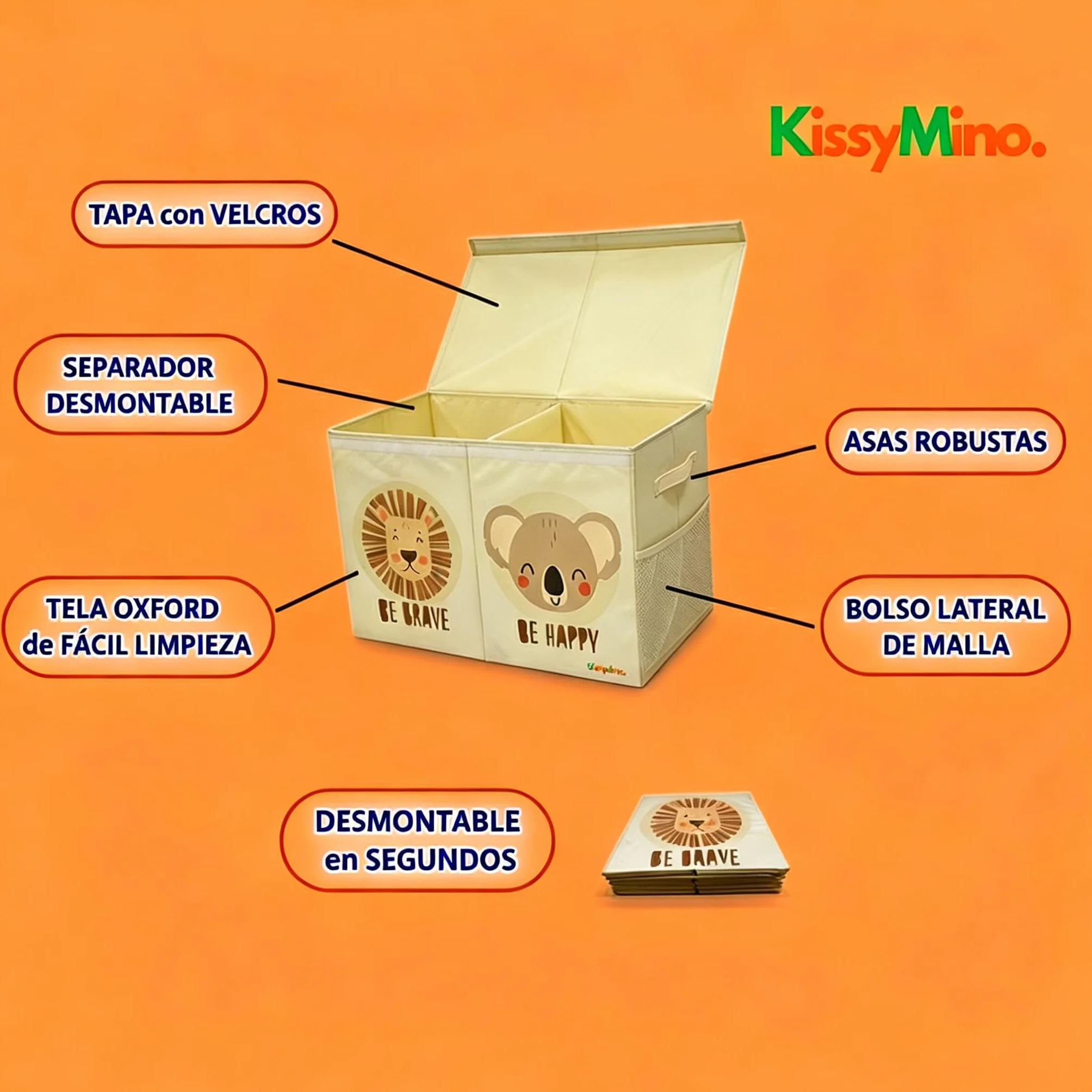 Baúl almacenaje juguetes infantil plegable con tapa, Organizador juguetero (Beige, Mediano)