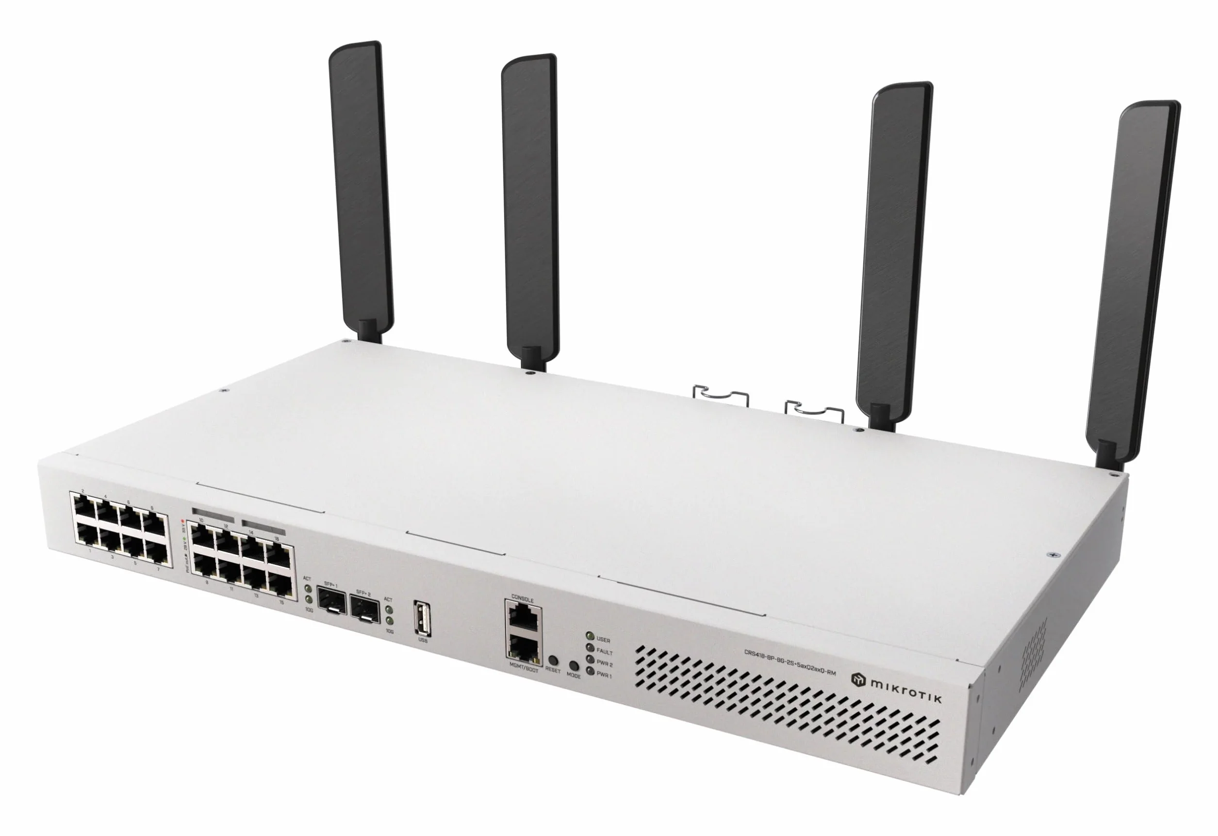 MikroTik CRS418-8P-8G-2S+5axQ2axQ-RM - Interruptor de enrutador Wi-Fi 6 con 16 Puertos PoE-out, 2 x 10G SFP+, Ap duales 5axQ