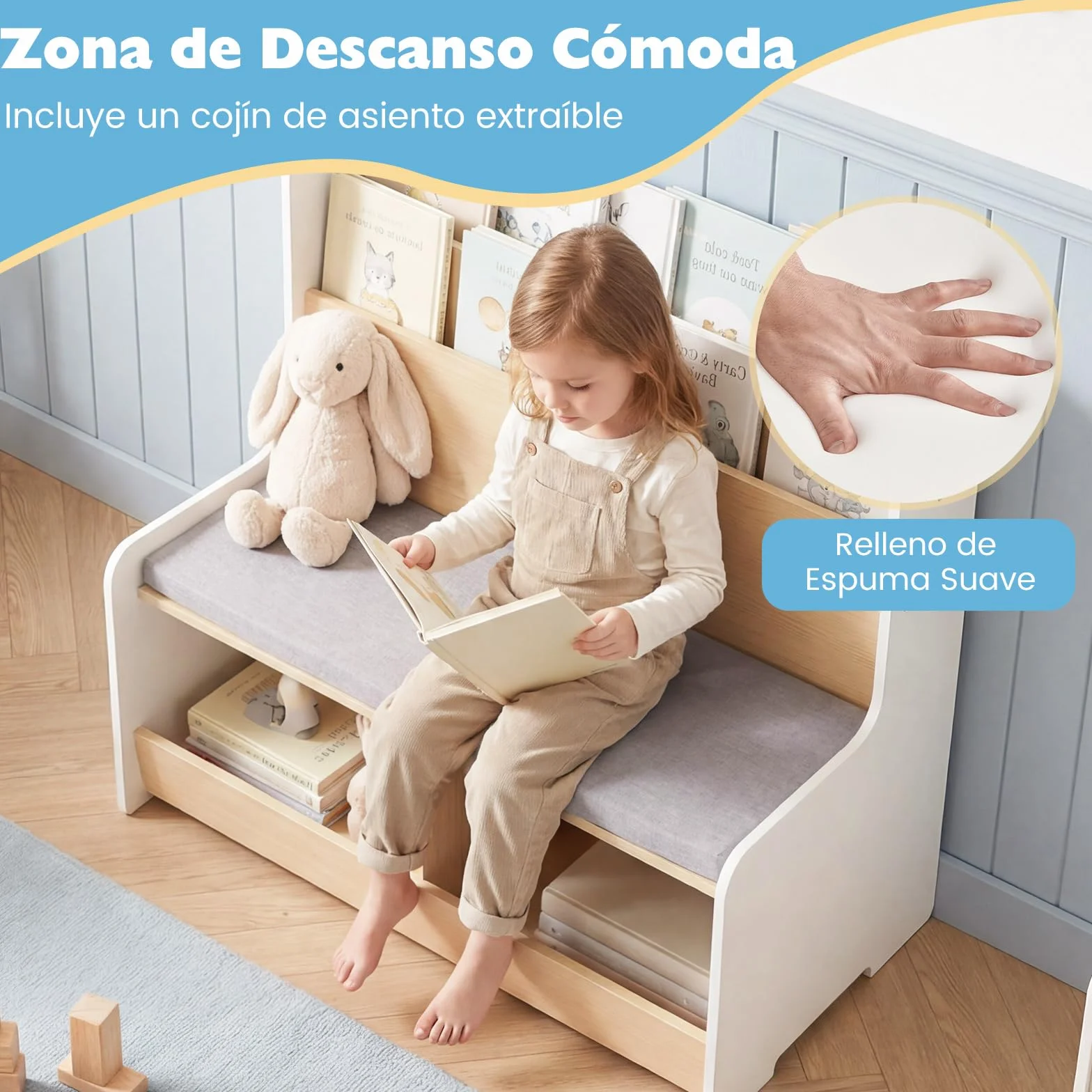 COSTWAY Banco de Almacenamiento Infantil 3 en 1 Baúl Juguetes Cojín Acolchado Funda Desmontable Estantería Compartimentos Abiertos Blanco