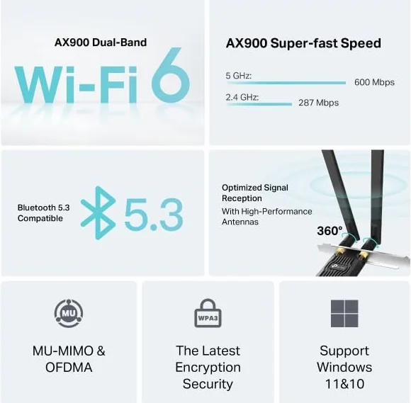 TP-Link Archer TX10E PCIe Adaptador WiFi 6 AX900Mbps, Tarjeta de Red para PC Fijo con Bluetooth 5.3, MU-MIMO, OFDMA, WPA3, Doble Antena, Compatible con Windows 10/11