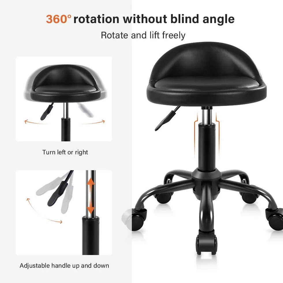 KKTONER Taburete rodante con Respaldo, Altura Ajustable, Silla Giratoria, Piel sintética, Pequeño (Negro)