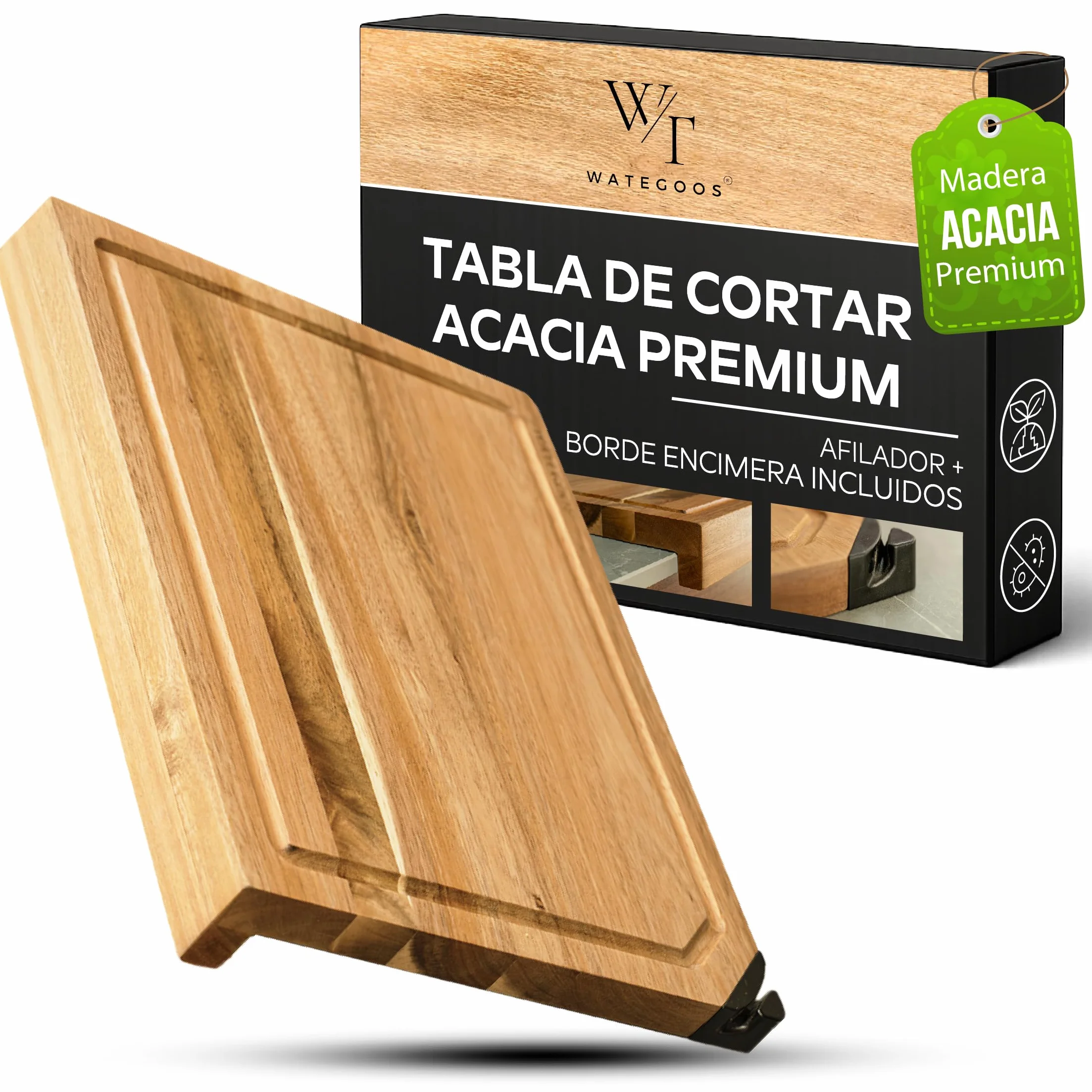 Tabla de Cortar Madera de Acacia con Afilador Integrado 35x25 cm Antideslizante