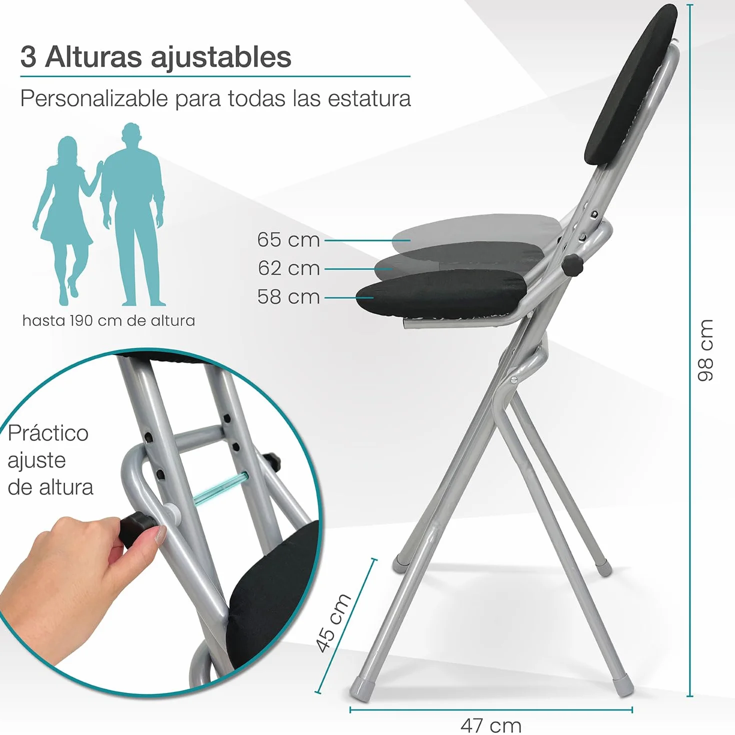 ELONEO Silla Plegable Acolchada Antideslizante 3 Alturas 58-65 cm 120 kg 45x98x47 cm Plateado