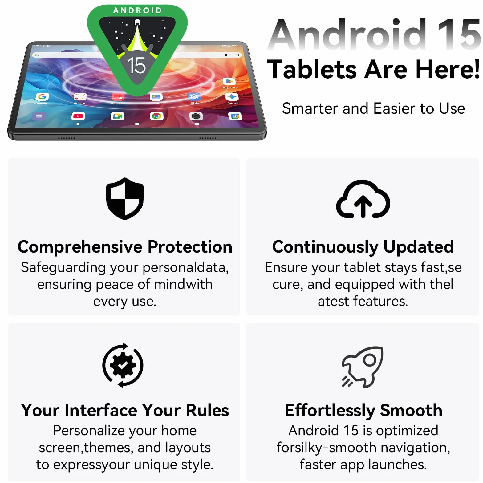 Tablet 10 Pulgadas Android 15 Negro, 6GB RAM (hasta 18GB con expansión) 128GB, Octa-Core T30, Pantalla IPS 1280x800, Batería 6000mAh, WiFi Dual, GPS, Desbloqueo Facial, Bluetooth, USB-C, TF hasta 1TB