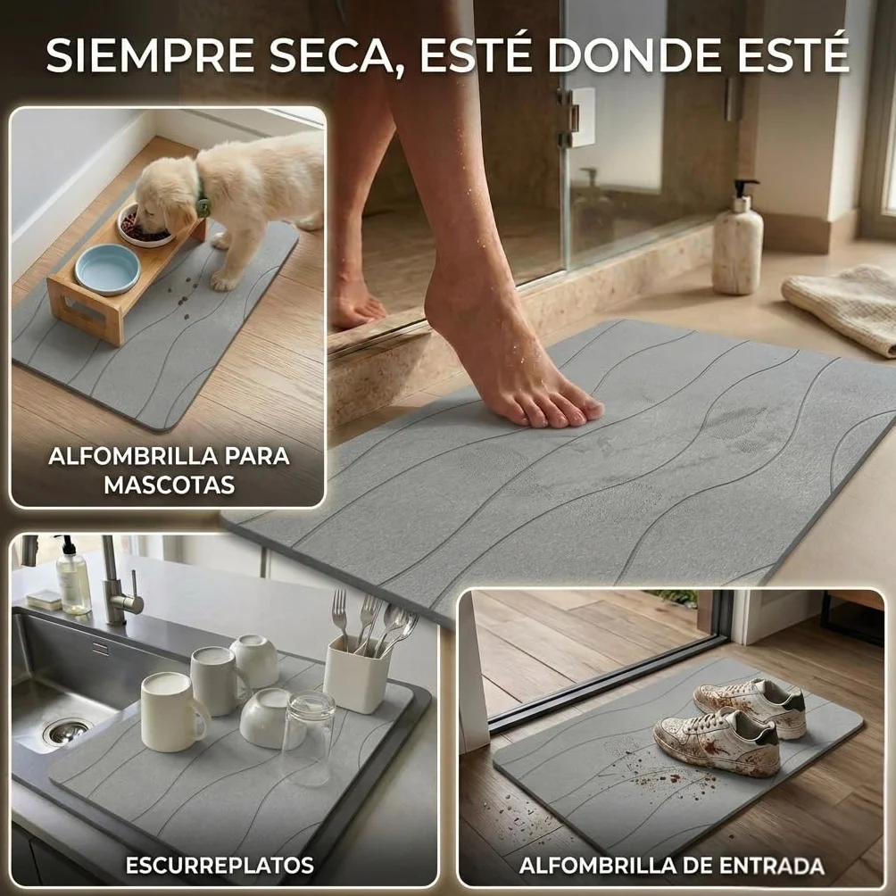 Alfombra Diatomita Baño 40x60 cm Piedra Secado Rápido Antideslizante con Lija Antimoho Gris Claro