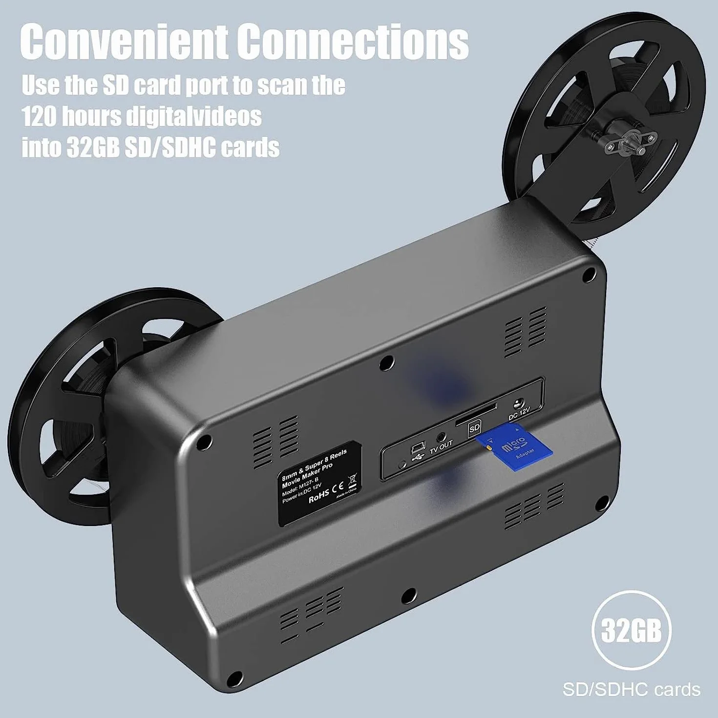 Escáner de películas Super 8/Normal 8 mm, Convert Film into Digital Video (3, 5, 7 y 9 "Rollo de película) Escáner y Digitalizador de películas con LCD de 2,4", 1080P y tarjeta SD de 32 GB