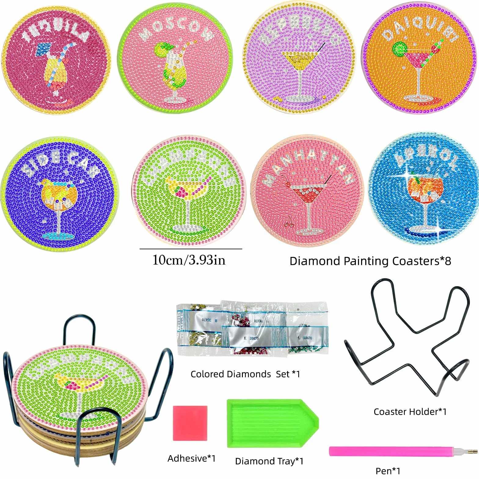 Juego de 8 Posavasos de Diamantes con Soporte, Posavasos Pintados a Diamante, Manualidades Adultos, Decoración Mesa, Redondos Base Corcho, Regalo