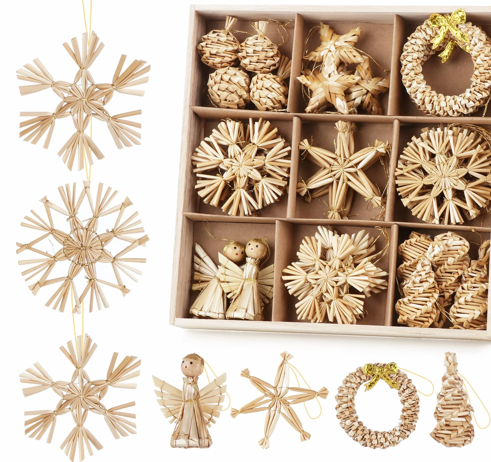 Agoer Juego de 36 Estrellas de Paja para Árbol de Navidad, Decoración Hecha a Mano con Acentos Naturales