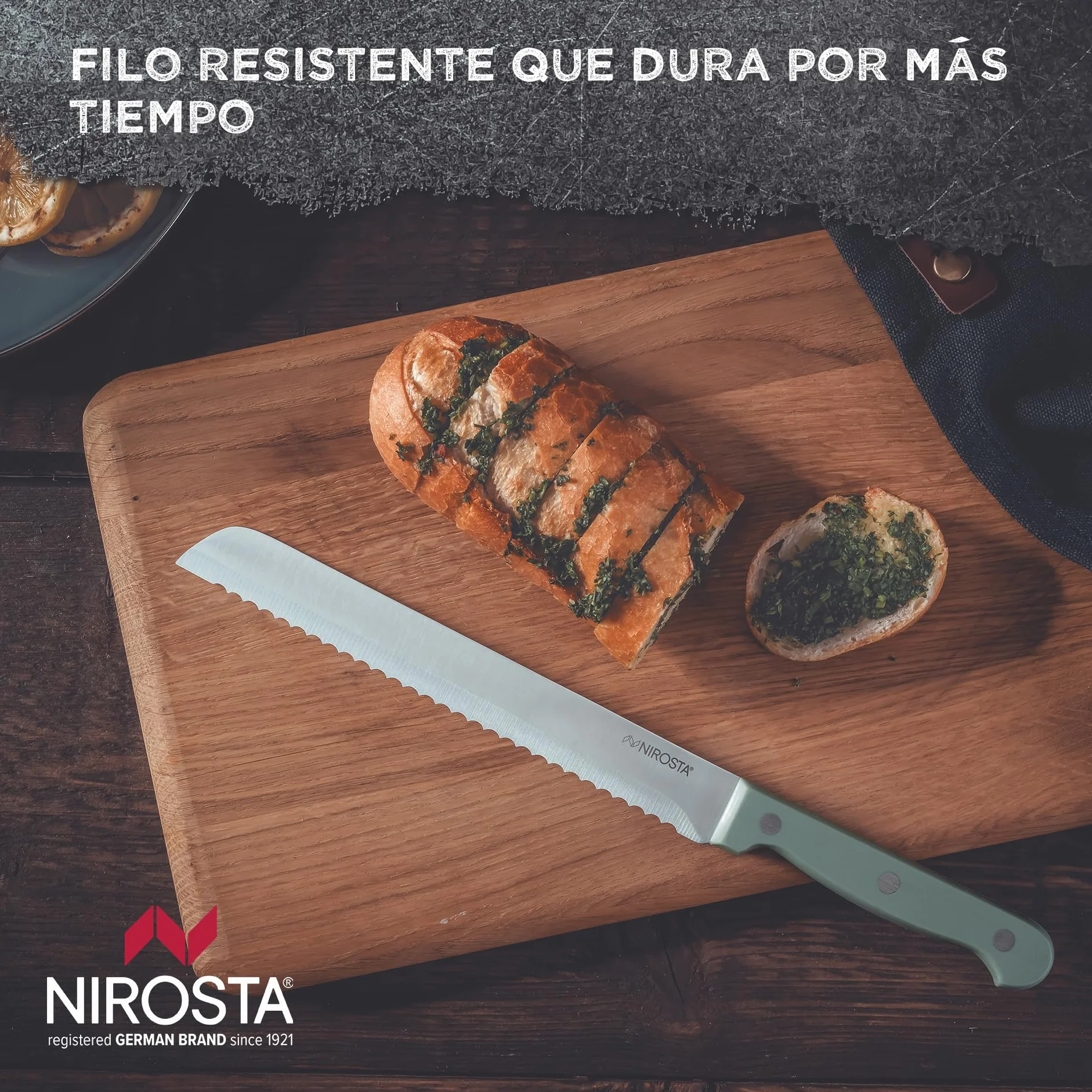Nirosta Trio Cuchillo de Pan 32 cm, Hoja 20 cm Acero Inoxidable CCr, Mango POM, Corte Preciso, Verde Smoke