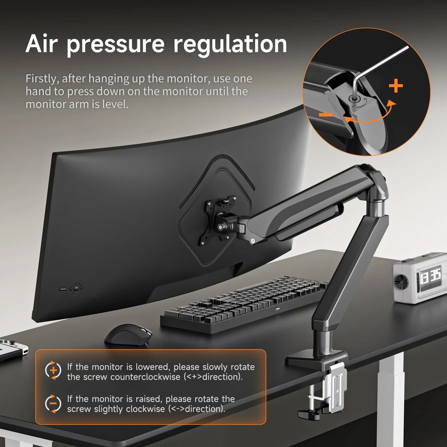 Pholiten Brazo de Monitor Ajustable en Altura para Pantallas Planas y Curvas de 49″, VESA 75x75/100x100, Capacidad de Carga de 15 kg, Ajuste de Resorte de Gas