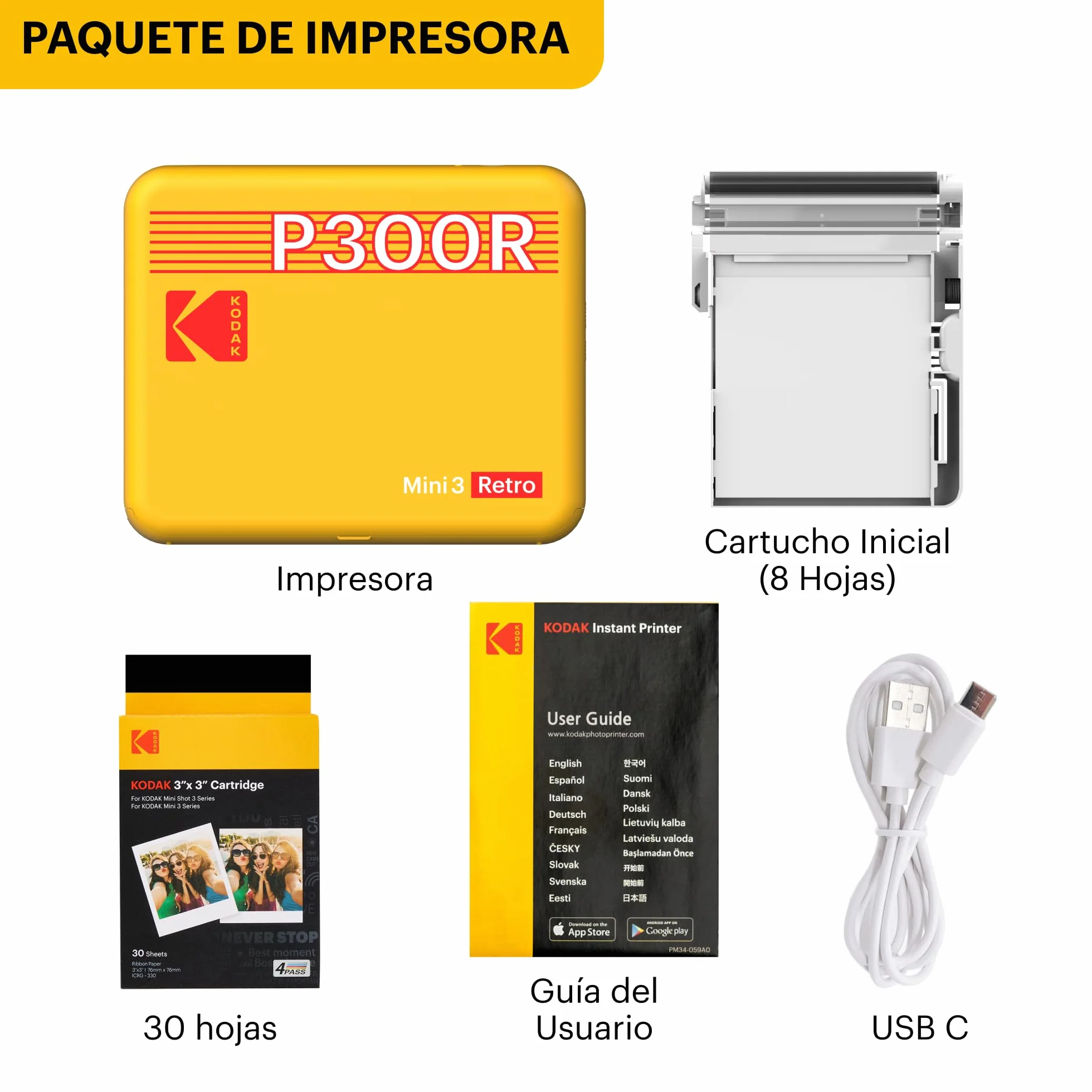 KODAK Mini 3 Retro Impresora Fotográfica Portátil 7,6 x 7,6 cm, 38 Hojas, Impresora Bluetooth para Smartphone iPhone & Android, Impresión Instantánea en Color, Sublimación 4PASS, Amarillo