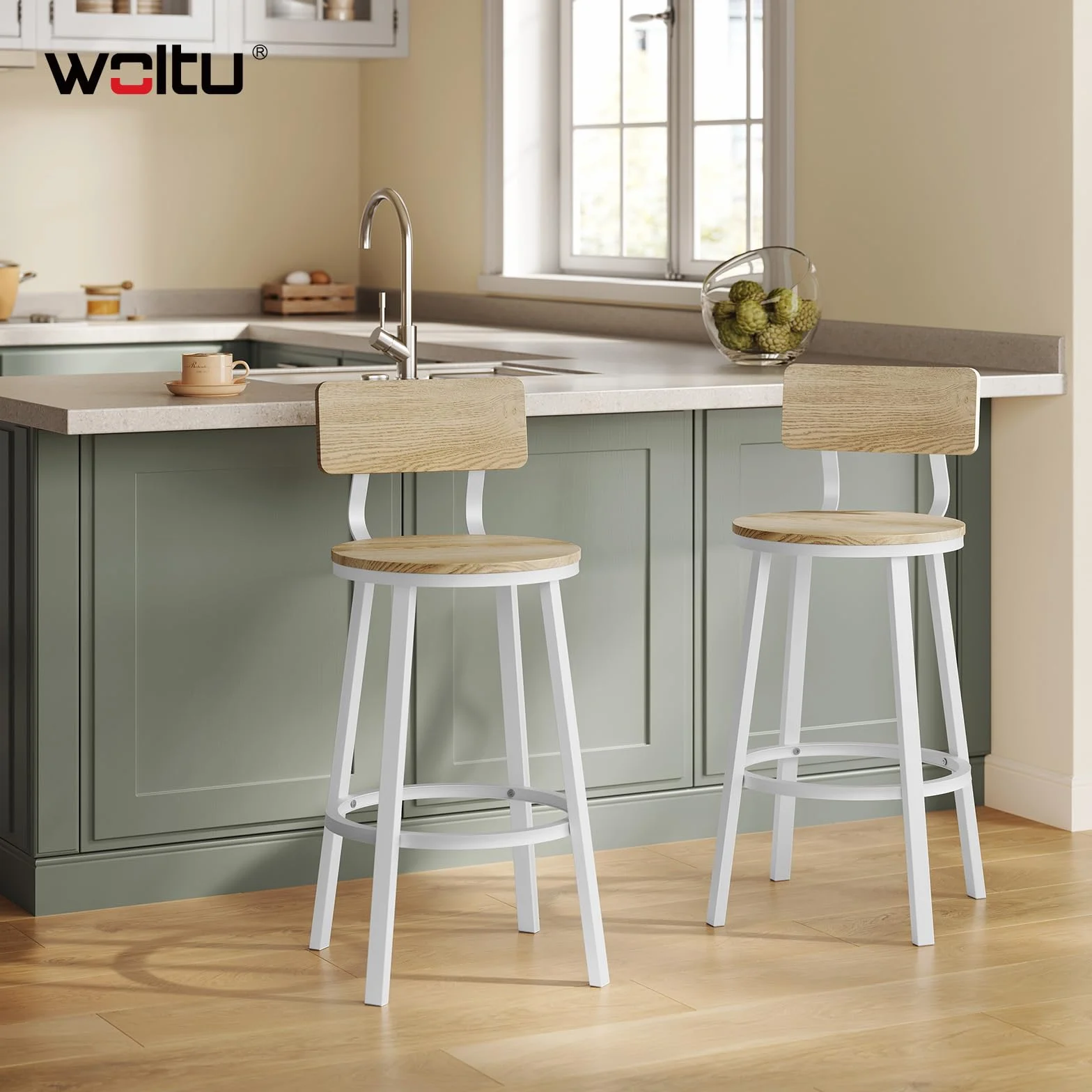 WOLTU Taburetes Bar Juego de 2, Taburetes Altos Cocina con Respaldo y Reposapiés, Base de Metal, Roble Claro