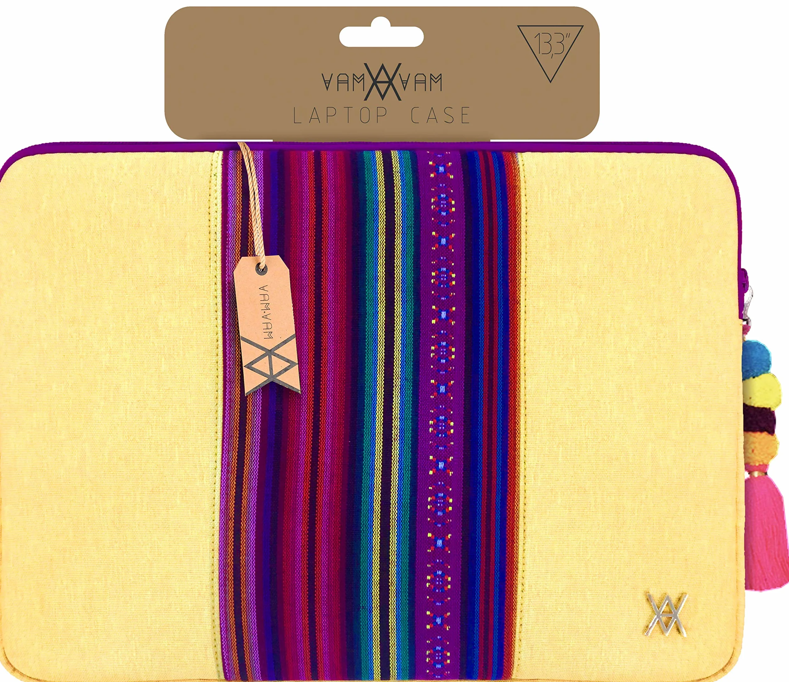 VAMVAM by Wondee Funda de portátil de hasta 14" color Amarillo con franja decorativa central de tela de colores de estilo étnico, Acolchada y Reforzada con Cremallera