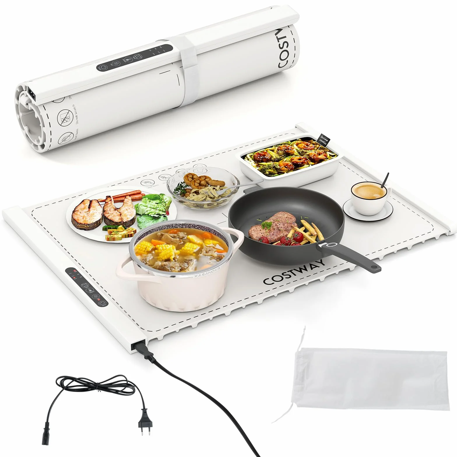 COSTWAY Manta Eléctrica Calentar Alimentos, Bandeja Silicona Enrollable Portátil, Calentamiento Rápido, Apagado Automático Bloqueo Niños Blanco