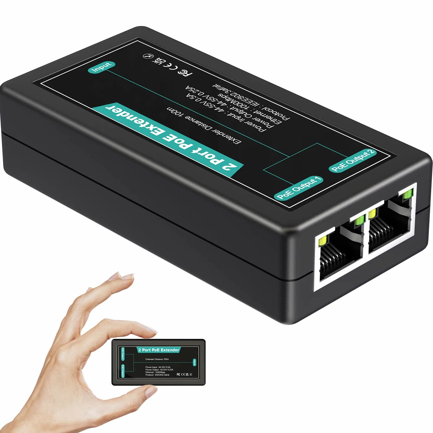 Extensor PoE Gigabit de 2 Puertos VIMIN, Repetidor PoE para Interiores 1 en 2 Salidas Compatible con IEEE802.3af/at con 1000 Mbps, Extensión Adicional de 100 m de Potencia y Transmisión de Datos