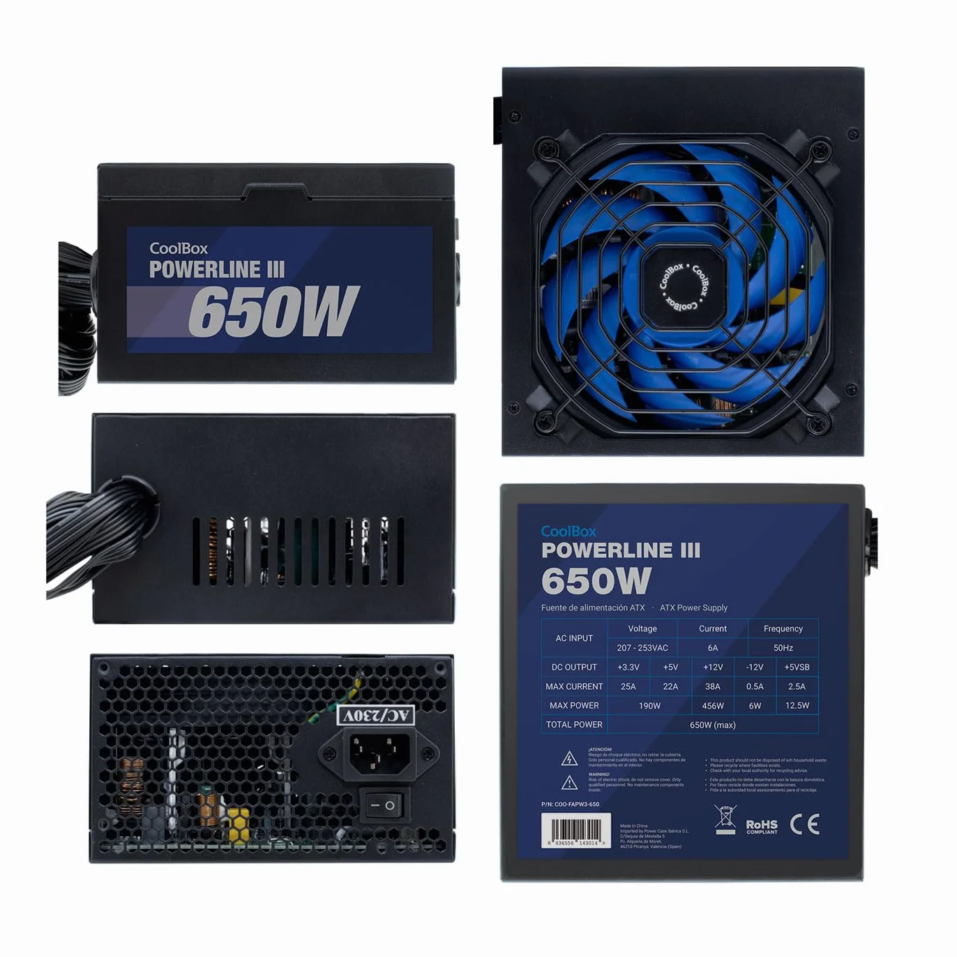 CoolBox Powerline3 650, Fuente de Alimentación PC 650W, ATX, 85% Eficiencia, Ventilador Ultra-silencioso 12cm, Tecnologías SMD y DC-DC, Filtro emi, Cables Planos Largos, Negro
